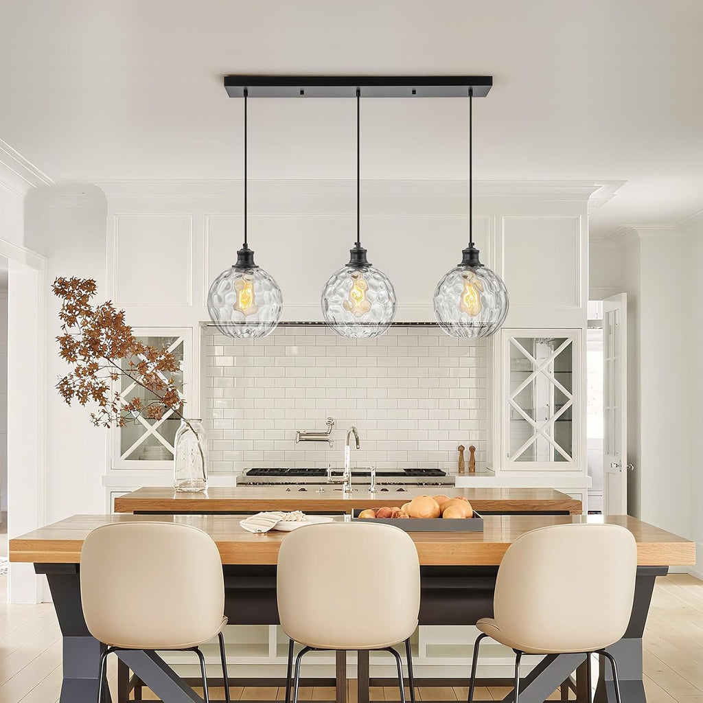 3 Light Pendant Lights Kitchen Island, Black Island Lights for Kitchen, 31.5' Globe Pendant Light with Clear Hammered Glass Shade, Adjustable Farmhouse Hanging Light Fixtures