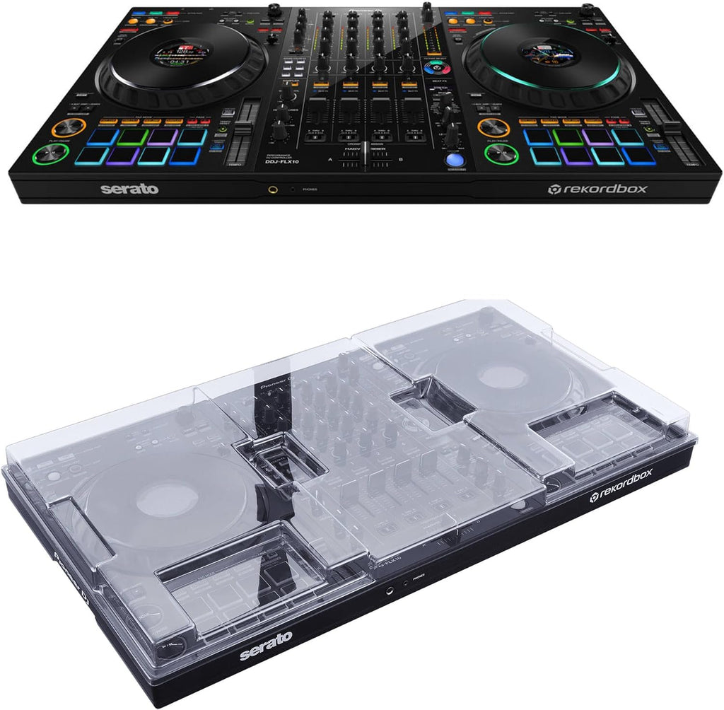 Pioneer DDJ-FLX10 4-Deck DJ Controller Bundle with Decksaver DS-PC-DDJFLX10 Polycarbonate Dust Cover | Rekordbox + Serato DJ Pro | 4-Deck Controller with Exact-Fit Protective Cover for DDJ-FLX10