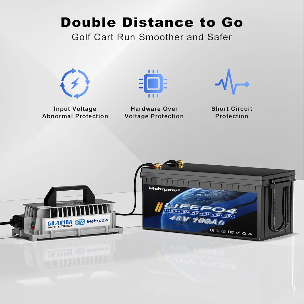 48V Lithium Battery Golf Cart Batteries Kit with Smart 200A BMS 58.4V 18A Charger Touch Monitor & Mobile APP 10000 Cycles 48V 100Ah LiFePO4 Battery Peak Current 1000A(3-5s) for Club Car, EZGO, Yamaha