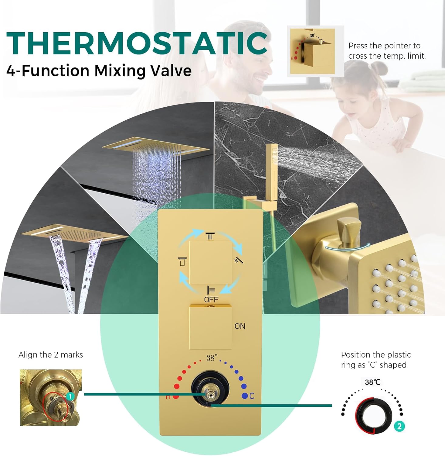 Brushed Gold Full Body Thermostatic Shower System, 14X20Inch LED Waterfall Rainfall Shower with 4 Jets Features Shut-Off, 2-mode Handheld, 4-Way Luxury Shower Fixture Faucets Set