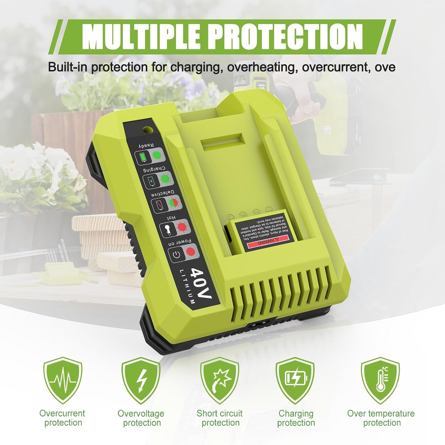 Powilling 2 Packs 6.0Ah Battery Compatible with Ryobi 40V Battery and Charger Kit for OP4026 OP40601 OP4050A OP4040 OP4030 OP4050 with OP401 40V Charger