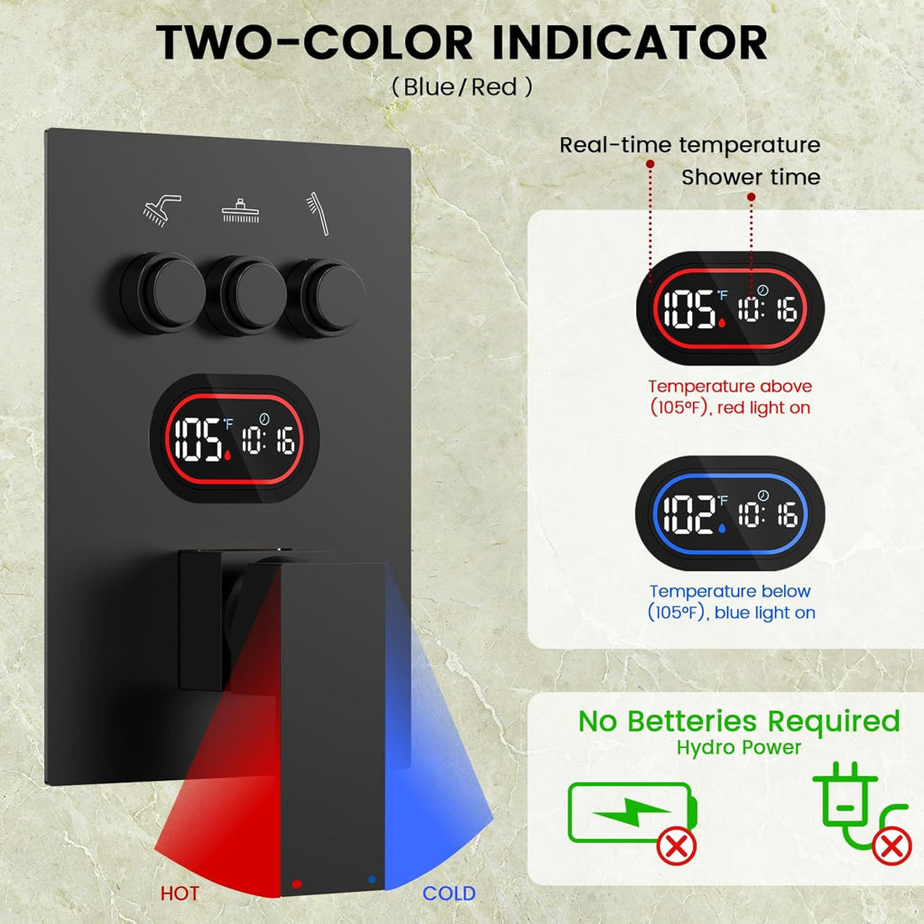 Push Button Diverter Shower Faucet Set Hydro Power Temperature Display, Shower System Ceiling Mounted 10' & Wall Mounted 6' Shower Head with 3-Spary Handheld, Matte Black