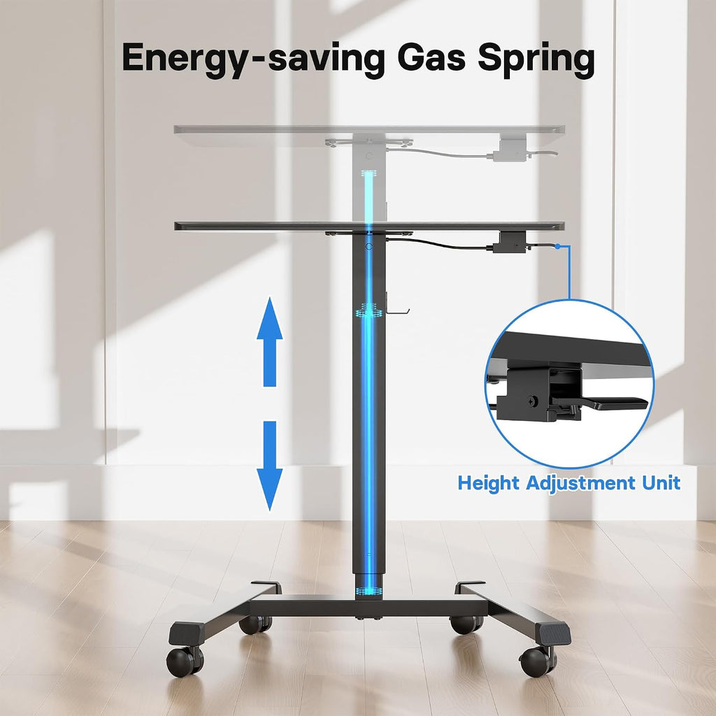 BONTEC Mobile Standing Desk Adjustable Height, Rolling Laptop Cart with Hook, Portable Workstation with Pneumatic Lift, Ergonomic Table with Wheels, Compact Home Office Desk, Black 25.6' x 17.7'