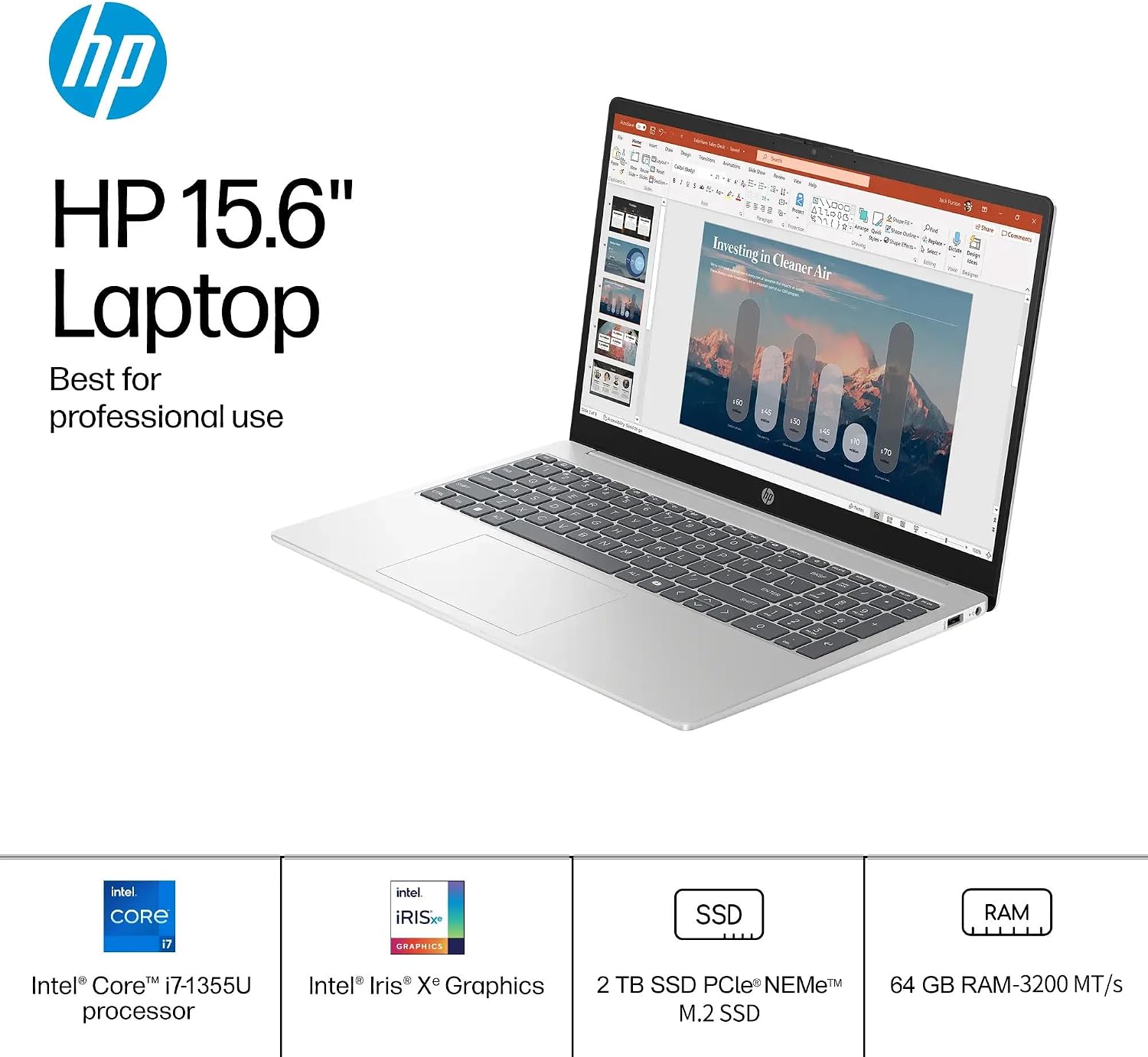 HP 15.6' FHD Touchscreen Business Laptop, 13th Gen Intel 10-Core i7-1355U, 64 GB RAM, 2 TB SSD, Intel Iris Xe Graphics, Wi-Fi 6, Long Battery Life, Copilot AI, HD Camera, Windows 11 Pro, Accessories