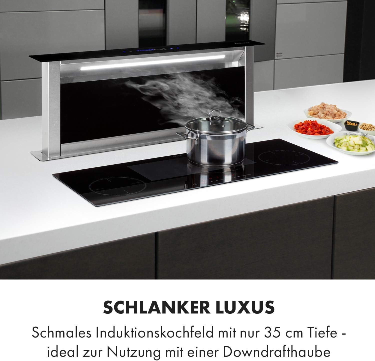 Klarstein Delicatessa 90 Slim Induction Hob Self-Sufficient, Built-In Flex Zone 90 cm, 4 Zones, 7000 W, 9 Power Levels, Booster, Pan Detection, Timer, Glass Ceramic, Hob, Black
