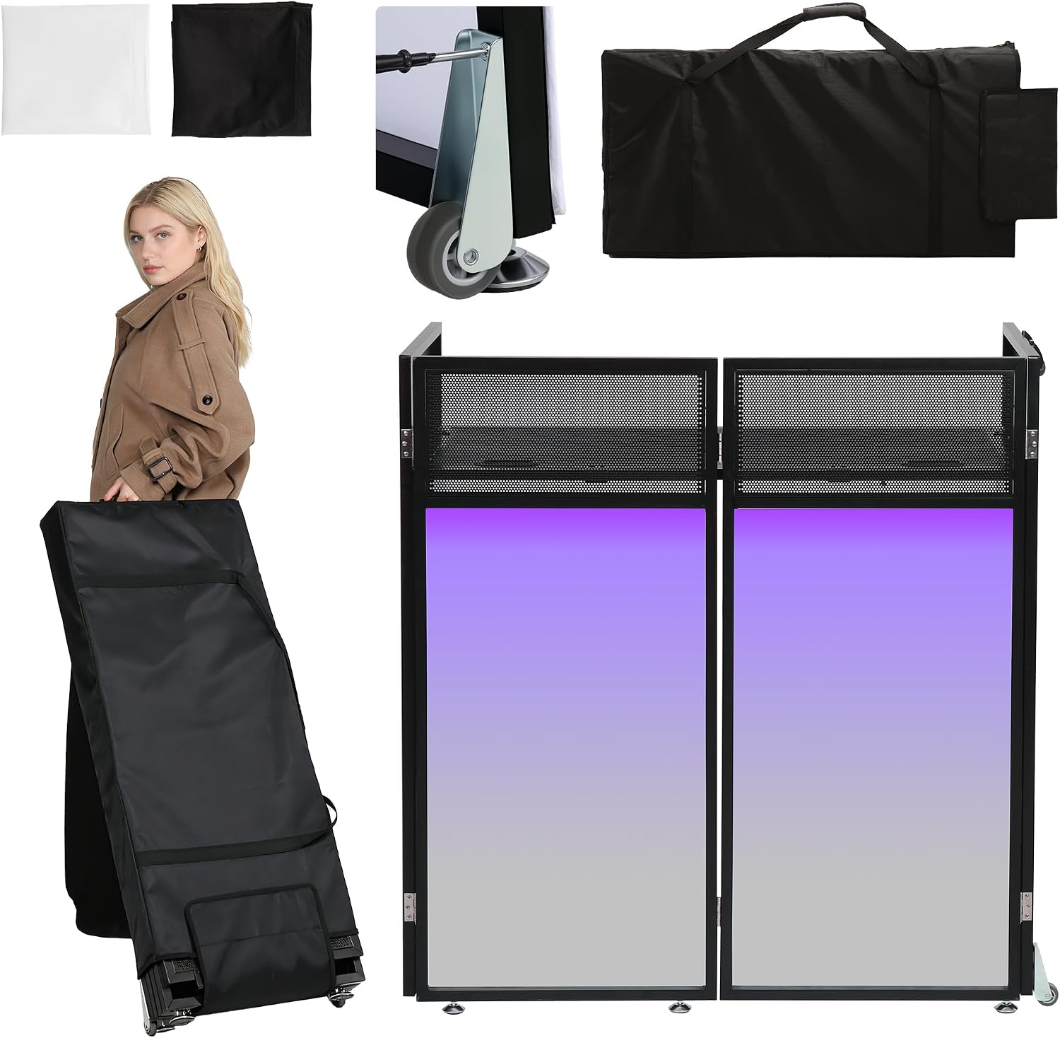 Kokorona Portable DJ Booth DJ Facade Booth Folding DJ Table with Wheels, Movable DJ Booth Facade DJ Booth Stand DJ Table with Lights, Tool-Free Assemble, Metal Frame + Black & White Scrims + Carry Bag