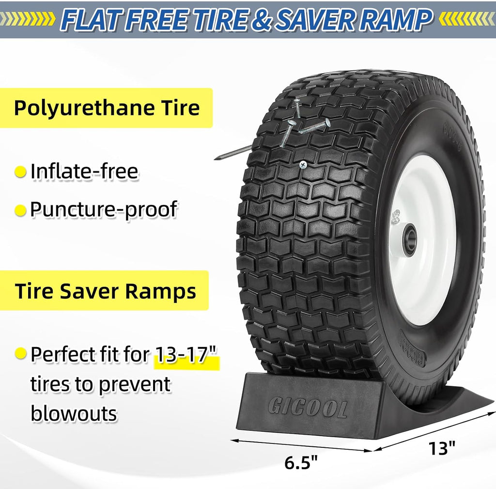 15x6.00-6 Flat Free Lawn Mower Tire and Wheel, Comes with Tire Saver Ramp, 15x6-6nhs Riding Mowers Lawn Tire and Wheel with 3/4' Bearing, 3' Centered Hub, 2 Pack