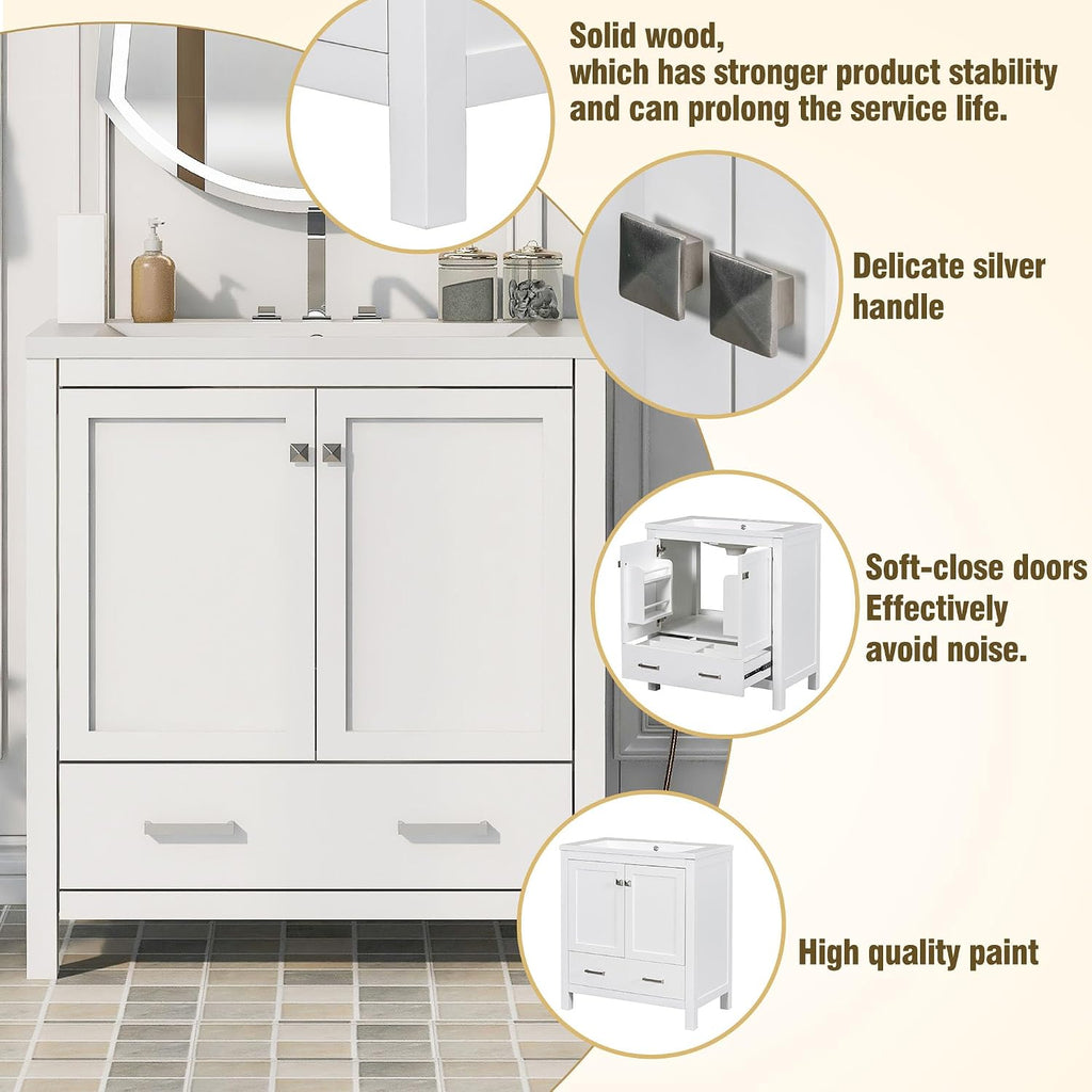 LUMISOL 30' Bathroom Vanity Set with Sink, Solid Wood Bathroom Cabinet with One Drawer and Two Doors, Multi-Function Storage Organizers, Undermount Sink Basin, White