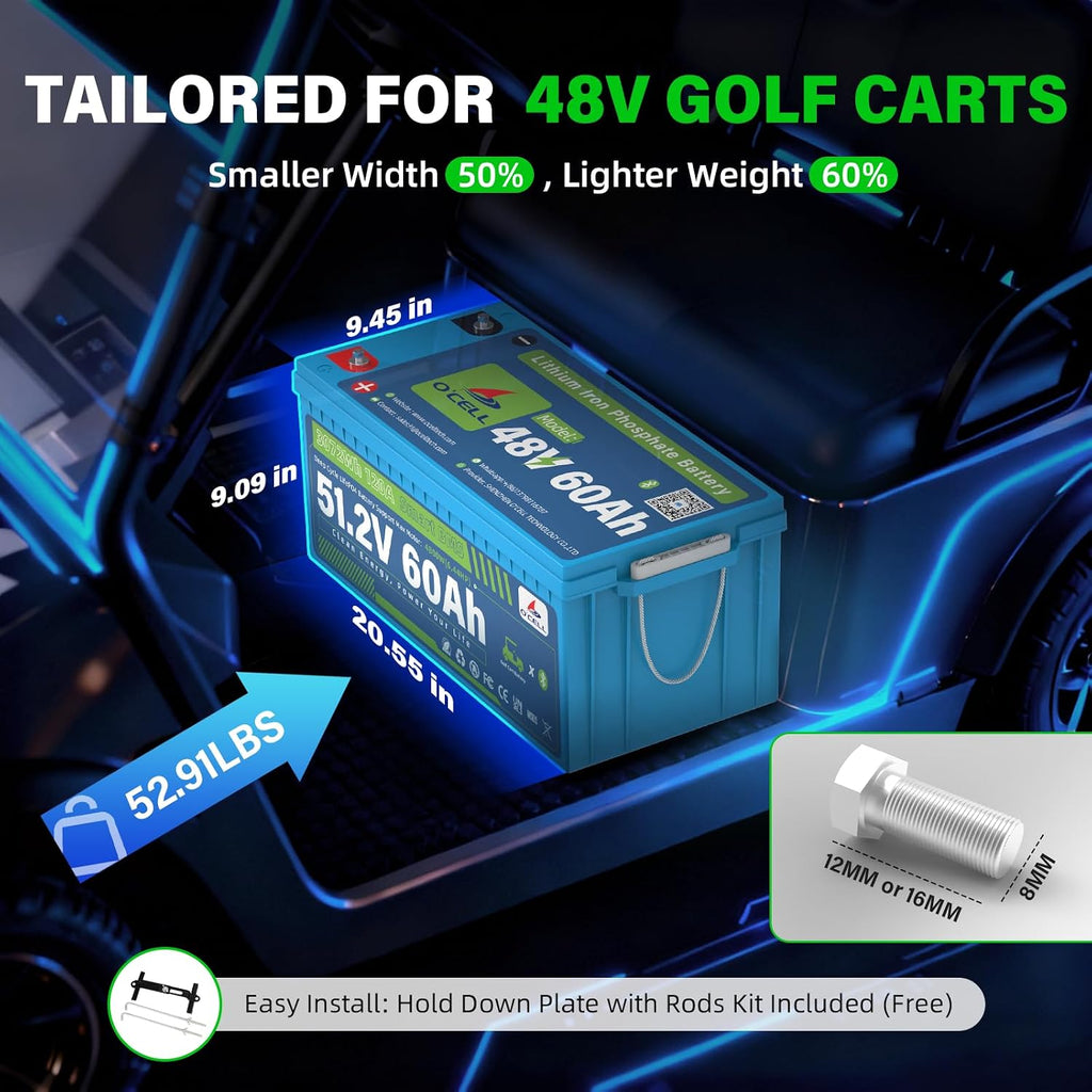48V (58.4V) 60Ah LiFePO4 Golf Cart Battery - 4.8kW(6.44HP), 200A BMS, Bluetooth/LCD, 58.4V 15A IP67 Charger, Mounting Bracket | 10 Years Lifespan Fits Club Car, EZ-GO, Lawn Mower,Trolling Motors,Solar