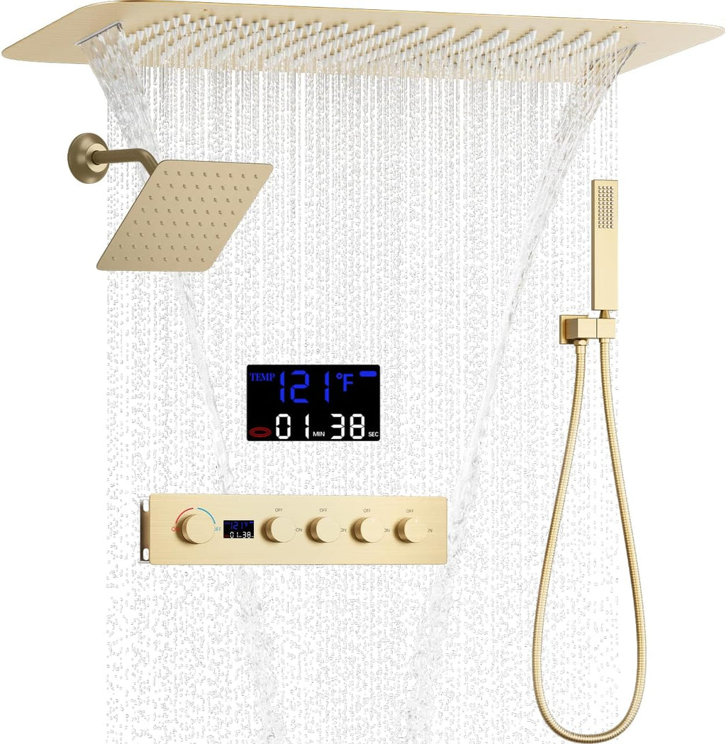 AYIVG Brushed Gold 4 Function Dual Shower Head System 16 X 24 Inch Rainfall Waterfall And 8 Inch Wall Mount With Handheld shower head Digital Display Shower Valve Set
