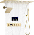 AYIVG Brushed Gold 4 Function Dual Shower Head System 16 X 24 Inch Rainfall Waterfall And 8 Inch Wall Mount With Handheld shower head Digital Display Shower Valve Set