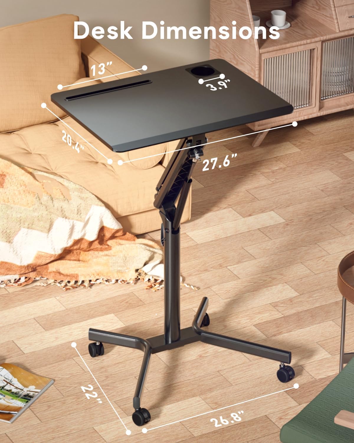 JOY Worker Standing Desk, 28' Small Height Adjustable Rolling Laptop Desk, Portable Sit-Stand with Lockable Wheels, Ergonomic Desktop Table for Home Office, Black
