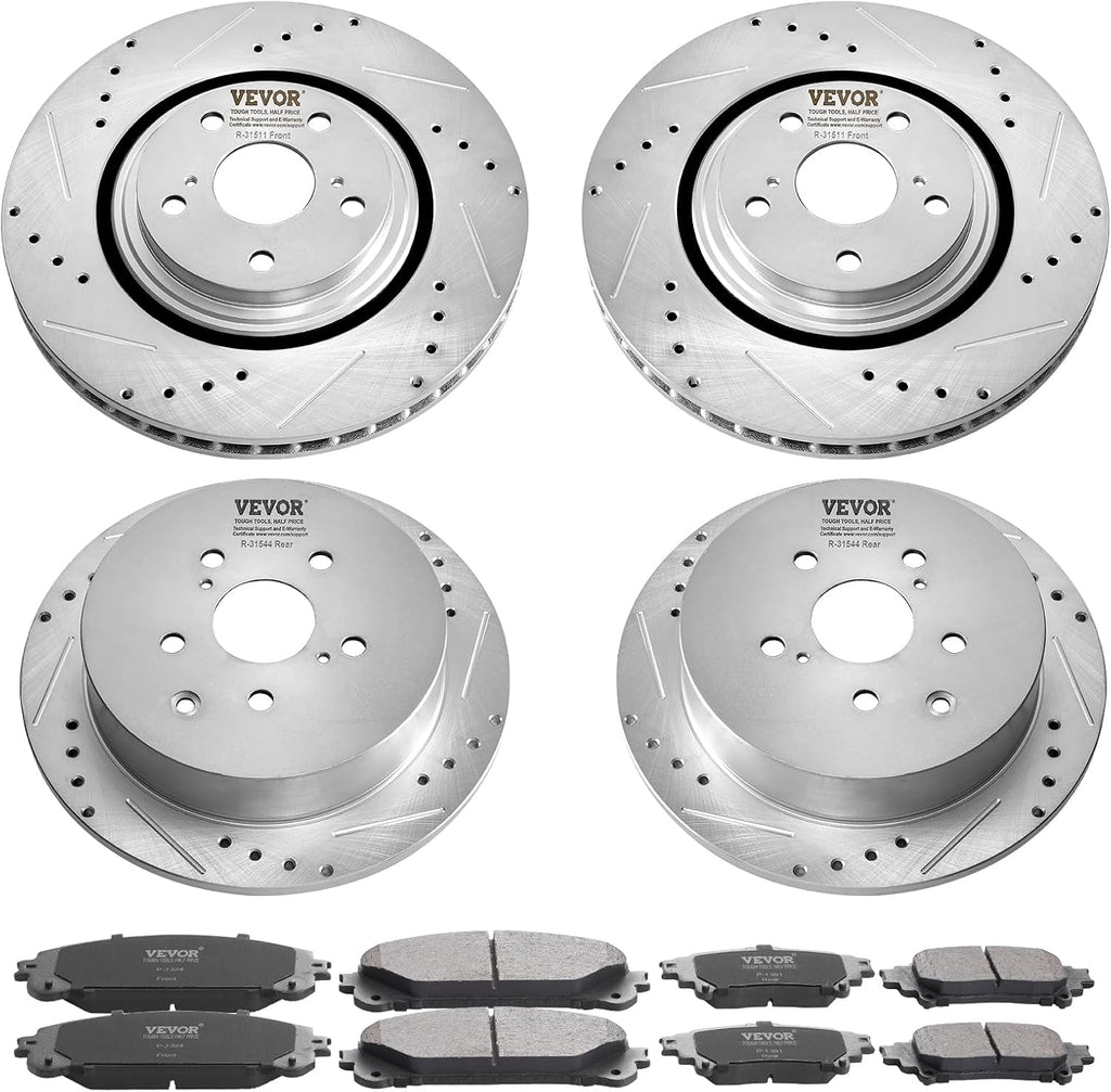 VEVOR Front and Rear Brake Kit Compatible with Toyota Sienna, Highlander, Lexus RX350, RX450h, Drilled and Slotted Brake Rotors Ceramic Brake Pads Replacement, 12.9' Front Rotors 12.2' Rear Rotors