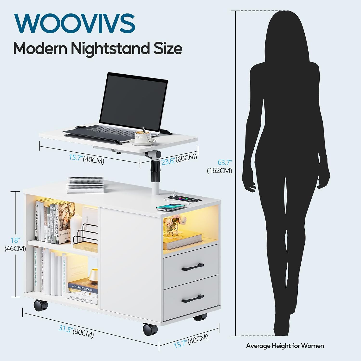 WOOVIVS Nightstand Set of 2 with USB Charging Station, Bedside Table with Storage Drawer, Rotatable Bracket, Modern Design (White)