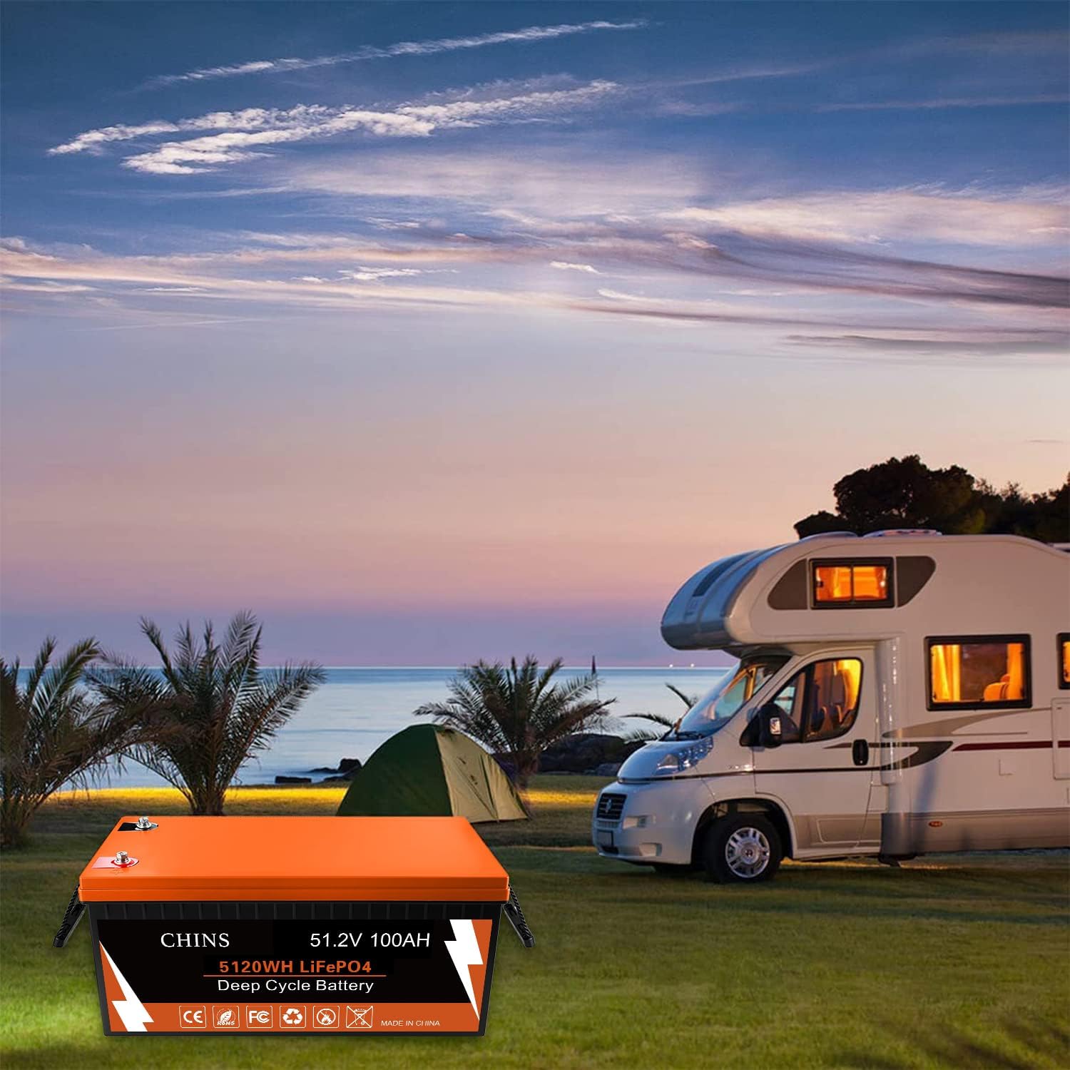 CHINS 48V 100AH Lithium Battery for Golf Cart with 48V 18A Charger, Monitor, Built-in Bluetooth 200A BMS, 48V Golf Cart Battery with 10.24kW Output, 1000A Peak Current