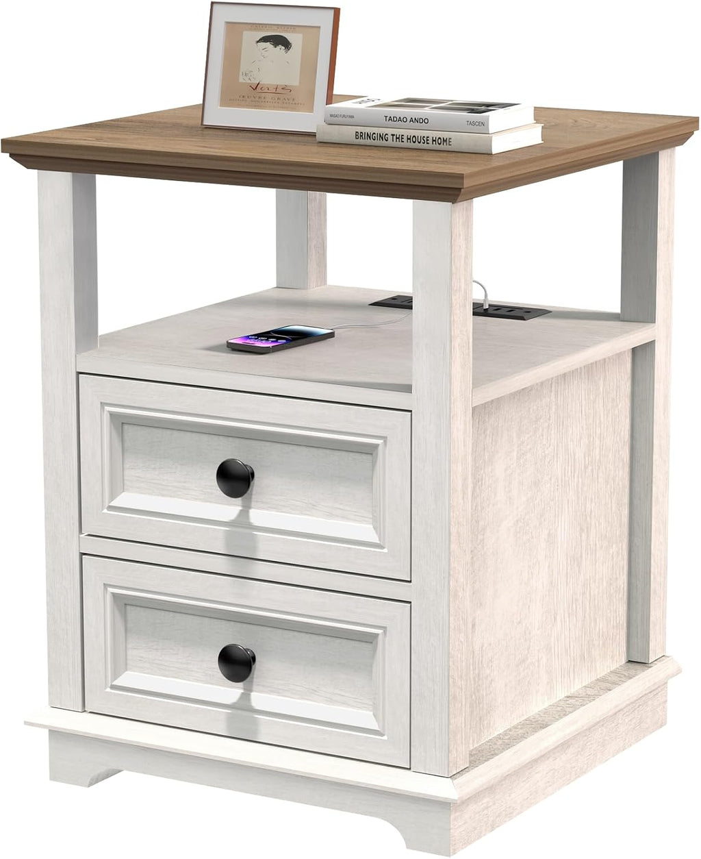 REDAYFUR 18' Wide End Table with Fast Charging Station Set of 2, 18' Wide Sofa End Table with Drawers,Storage Rustic Wood Storage Cabinet,Sofa Table for Living Room,White