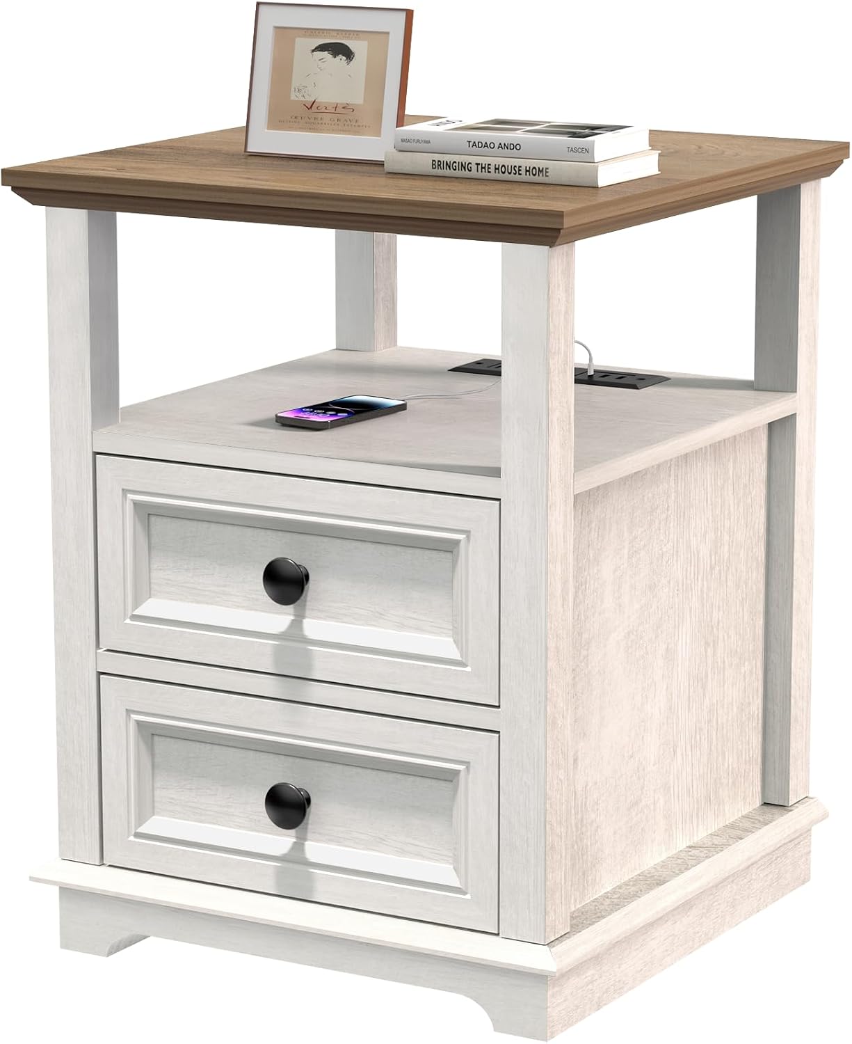 REDAYFUR 18' Wide End Table with Fast Charging Station Set of 2, 18' Wide Sofa End Table with Drawers,Storage Rustic Wood Storage Cabinet,Sofa Table for Living Room,White