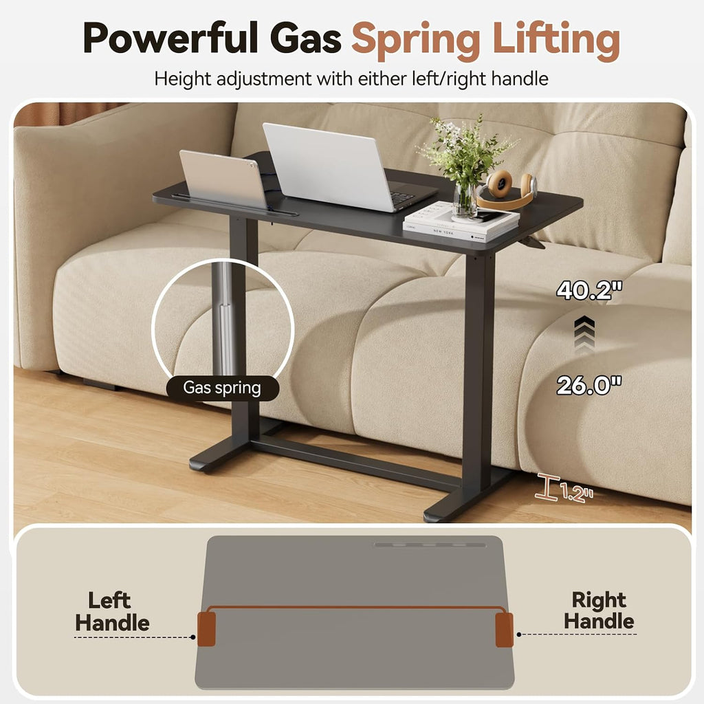 Mobile Standing Desk, 35inch Small Rolling Table with Drawer, Height Adjustable Sit Stand Workstation, Black Portable Laptop Cart with Hidden Wheels or Lockable Casters