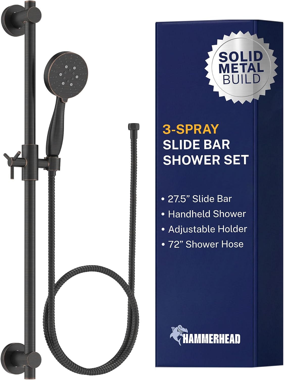 HammerHead Showers Solid Metal 27.5 Inch Shower Slide Bar with 3-Spray Handheld Shower Head with Long Hose and Holder, 2.5 GPM High Pressure Shower Head, Oil Rubbed Bronze