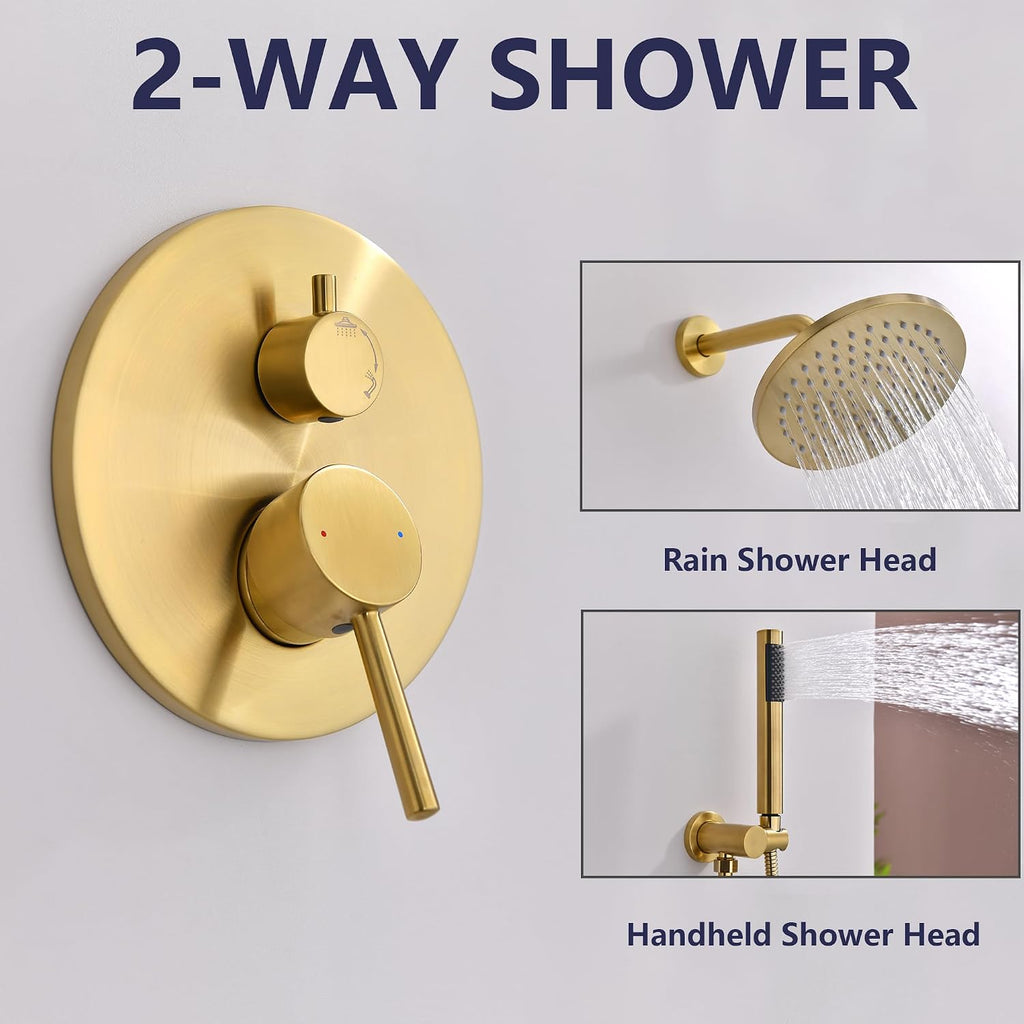 Shower System, Gold Shower Faucet Set, 8' Rainfall Shower Head and Handheld Spray Combo, Round Shower Head and Handle Set with Valve and Trim Kit, Brushed Gold