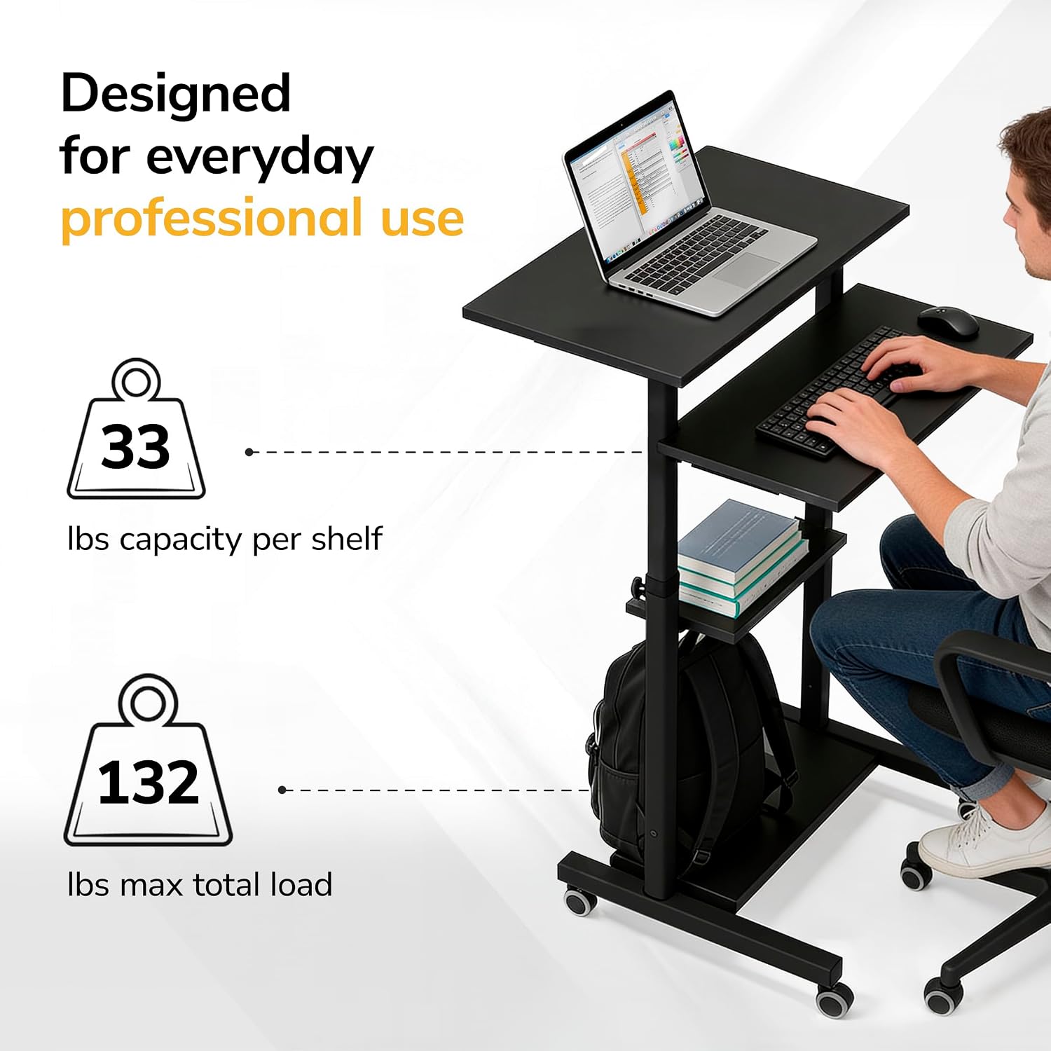 Mount-It! Black Rolling Standing Desk, Adjustable Height up to 54.7', Portable Laptop Podium Desk on Wheels, Mobile Computer Workstation with 4 Shelves 27.5' Wide, Cart for Home Office or Classroom