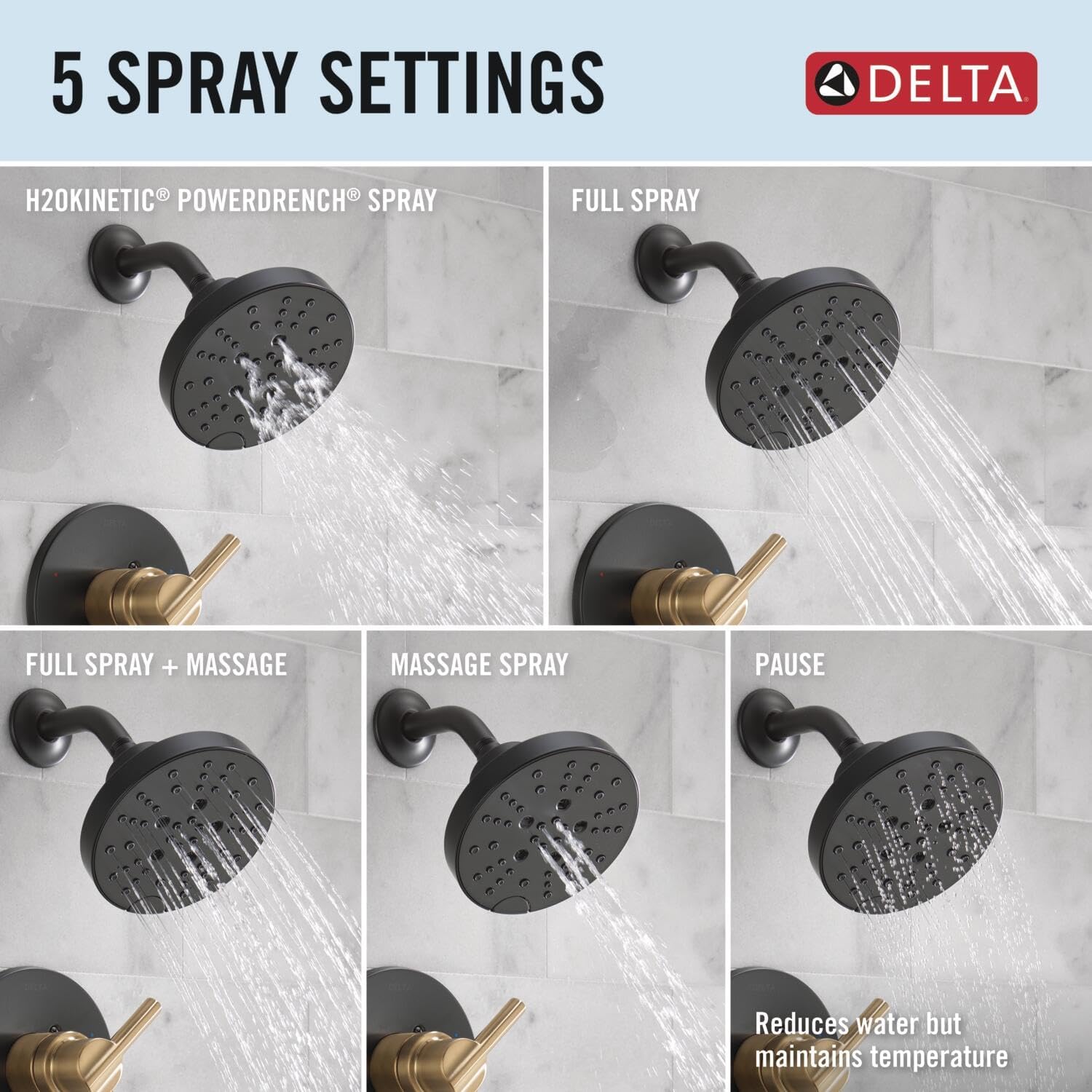 Delta Faucet Nicoli 14 Series Single-Handle Shower Faucet Trim Kit with 5-Spray H2Okinetic Shower Head and Widespread Bathroom Faucet in Black/Gold (Shower Valve Included)