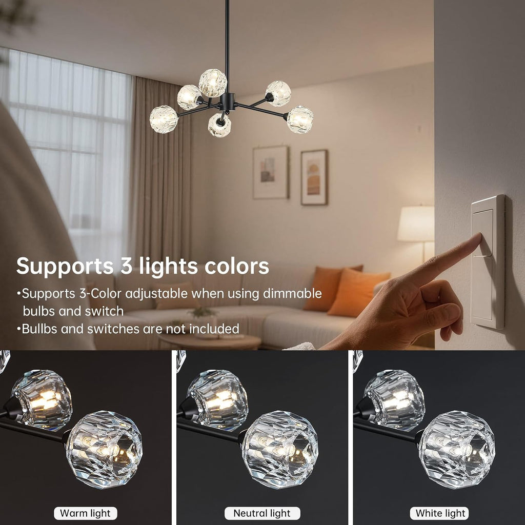 Weesalife Sputnik Chandeliers for Dining Room Light Fixture Over Table, Modern Crystal Chandeliers, 6 Lights Black Lighting Fixtures for Living Room Bedroom Kitchen Island