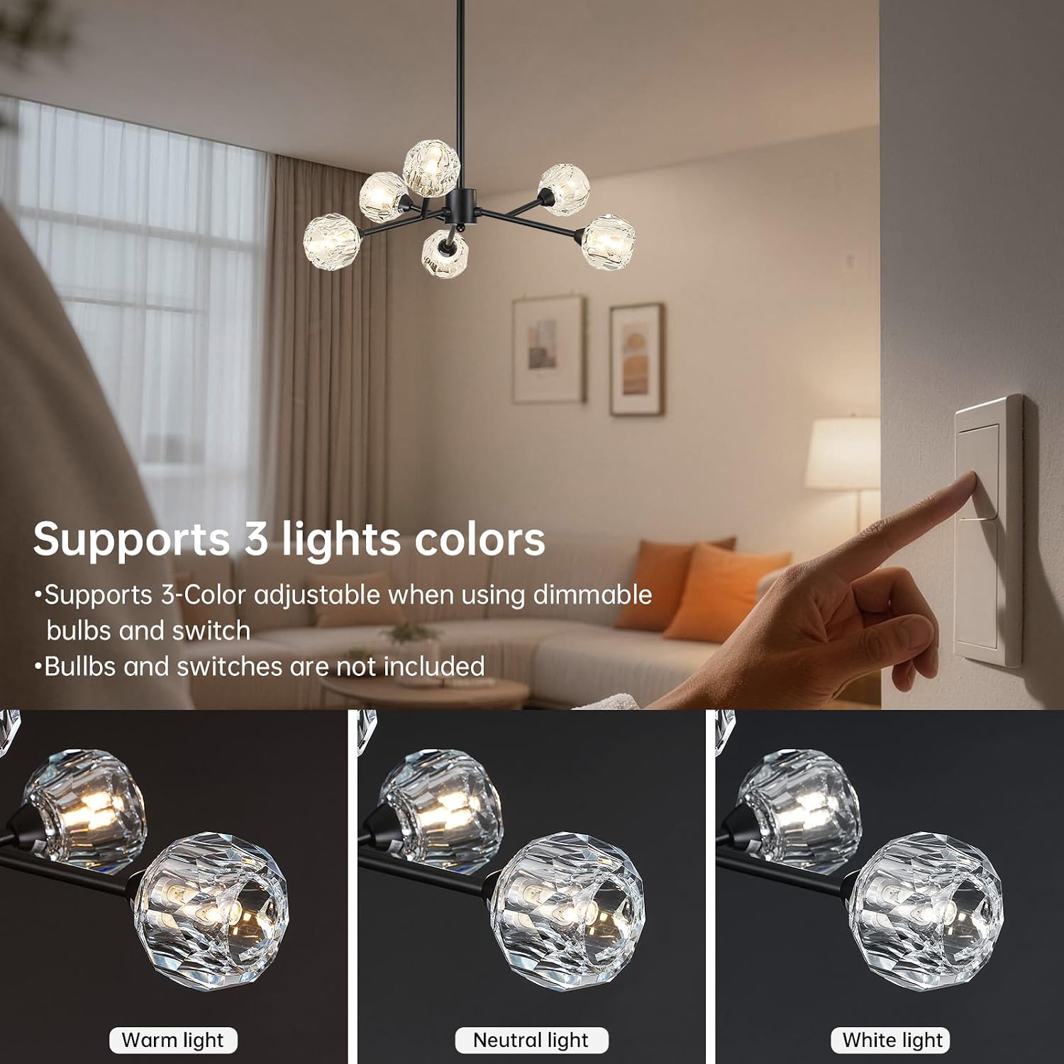 Weesalife Sputnik Chandeliers for Dining Room Light Fixture Over Table, Modern Crystal Chandeliers, 6 Lights Black Lighting Fixtures for Living Room Bedroom Kitchen Island