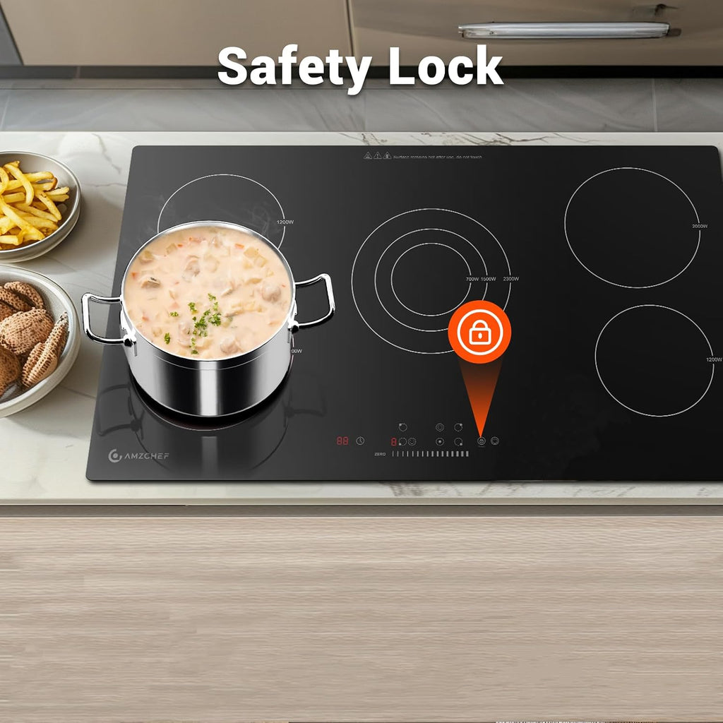 AMZCHEF 36 Inch Electric Cooktop 8900W: 5 Burner Built-in Electric Stove Top with 9 Power Lever, 2 High-Efficiency Burners Timer, Touch Control&Safety Function, Ceramic Stove for Kitchen