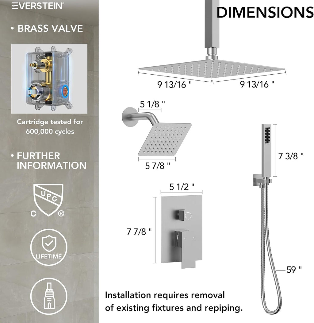 10' High-Pressure Rainfall Shower Faucet, Celling Mount Dual Shower Head System, Brushed Nickel