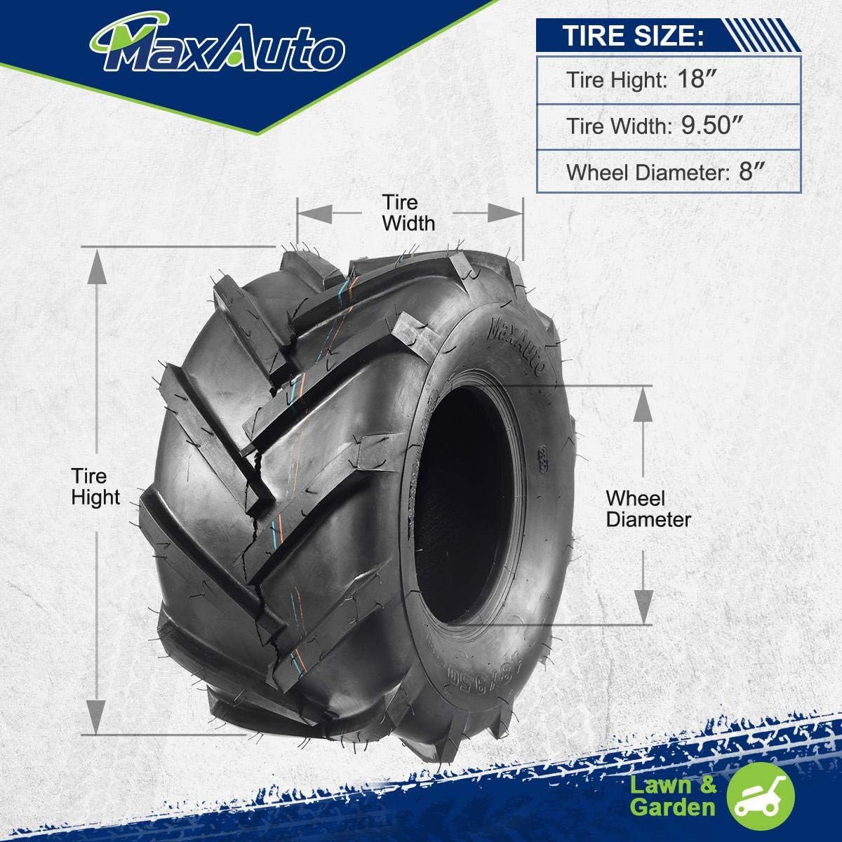 MaxAuto 18x9.50-8 Lawn Mower Tires, 18x9.50x8 Ag Farm Tractors Tires, 18-9.50-8 Super Lug Garden Tractor Tires, 6Ply Tubeless, 1320lbs Capacity, Set of 2