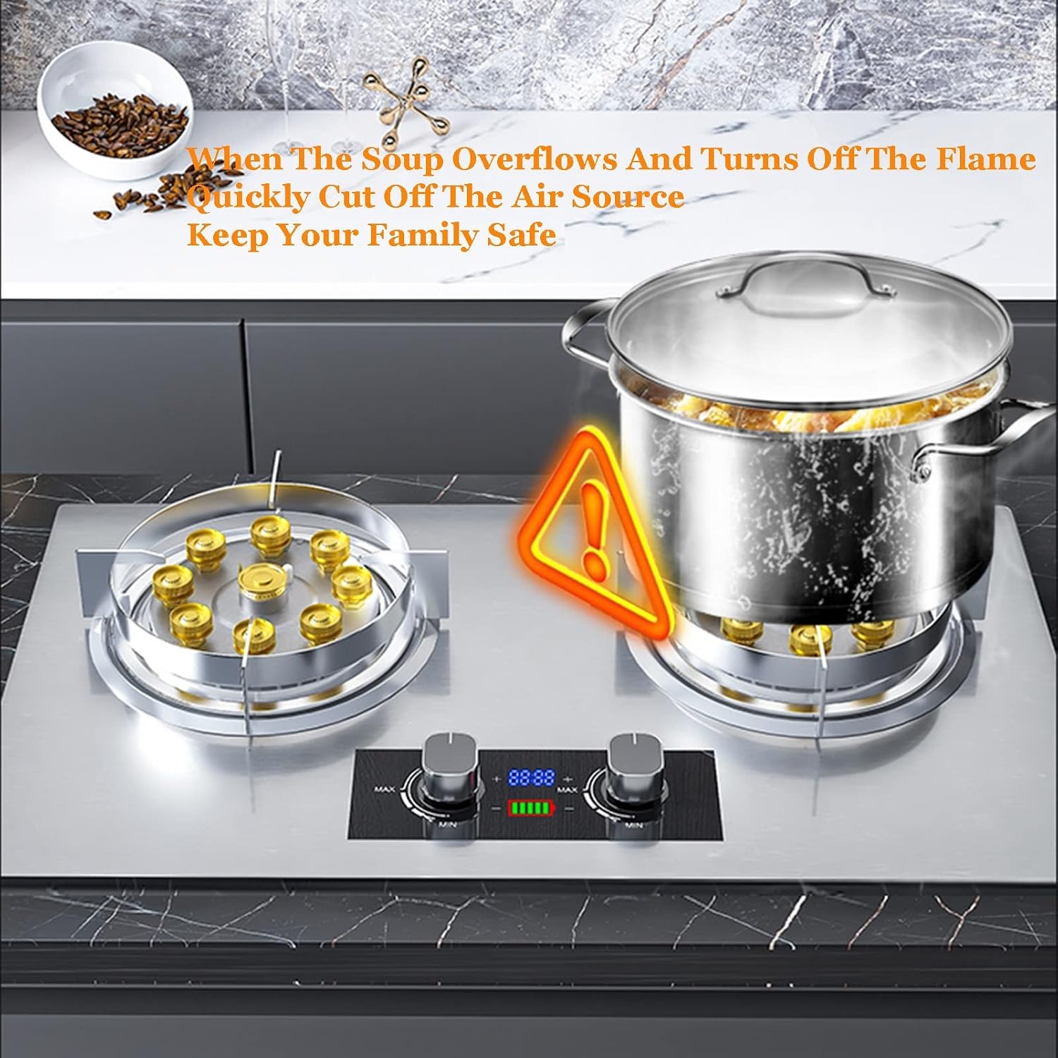 Gas Stove,17760 BTU Stainless Steel Tabletop/built-in Gas Cooktop 2 Burners,Nine-chamber High Flame,Timer Off LPG/NG (Size : NG)