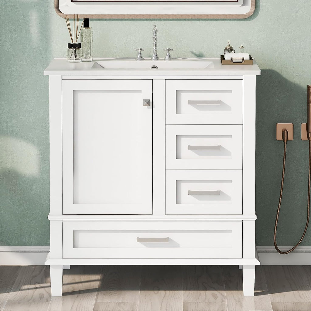LUMISOL 30 Inch Bathroom Vanity with Sink, Wood Bathroom Storage Cabinet with Soft Closing Door and 3 Drawers, Freestanding Bathroom Vanities with Undermount Ceramic Sink, White