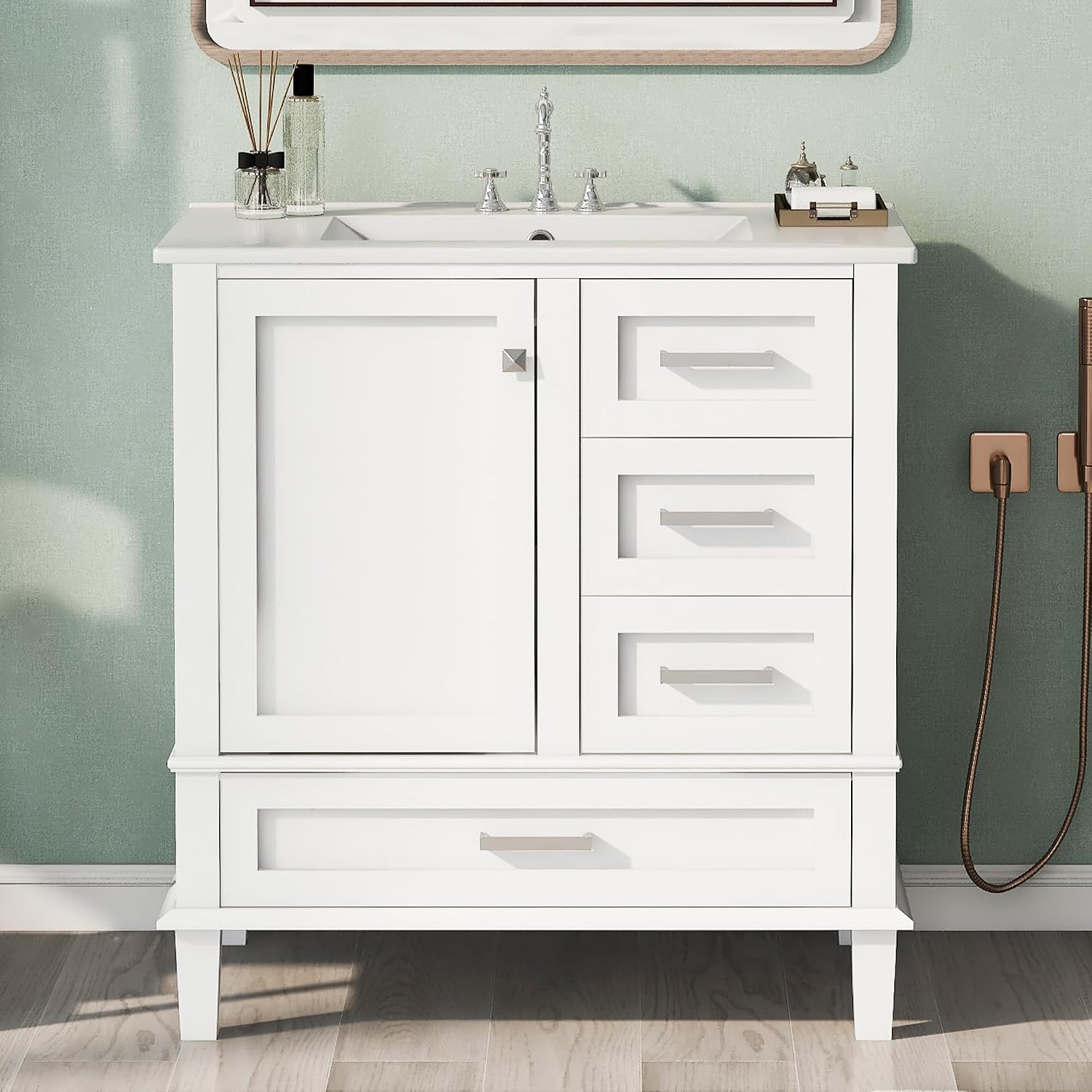 LUMISOL 30 Inch Bathroom Vanity with Sink, Wood Bathroom Storage Cabinet with Soft Closing Door and 3 Drawers, Freestanding Bathroom Vanities with Undermount Ceramic Sink, White
