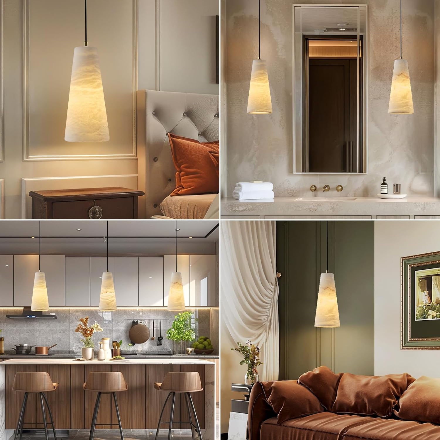 Alabaster Pendant Lights Kitchen Island 2 Pack, H-10in White Pendant Light Fixtures, Marble Conical Shade Copper, Light Pendant for Bedroom Bathroom Dining Room Living Room (Dimmable Bulbs INCL)