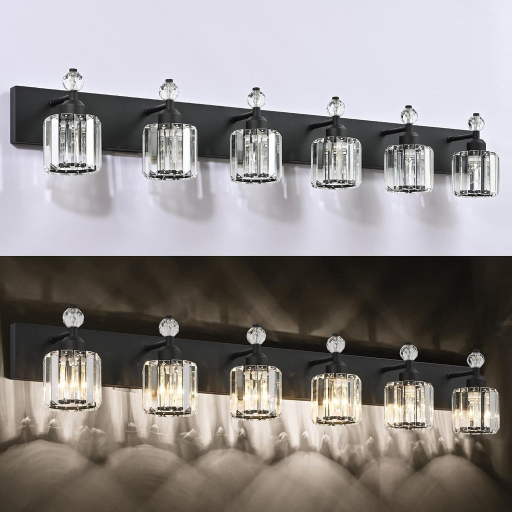 PRESDE 6-Light Crystal Bathroom Lights Fixtures Modern Matte Black Bathroom Lights Fixtures Over Mirror Bath Wall Lighting