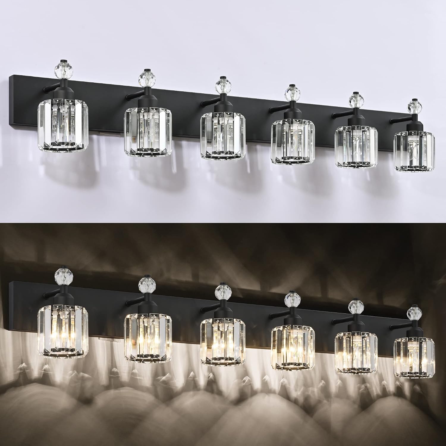 PRESDE 6-Light Crystal Bathroom Lights Fixtures Modern Matte Black Bathroom Lights Fixtures Over Mirror Bath Wall Lighting
