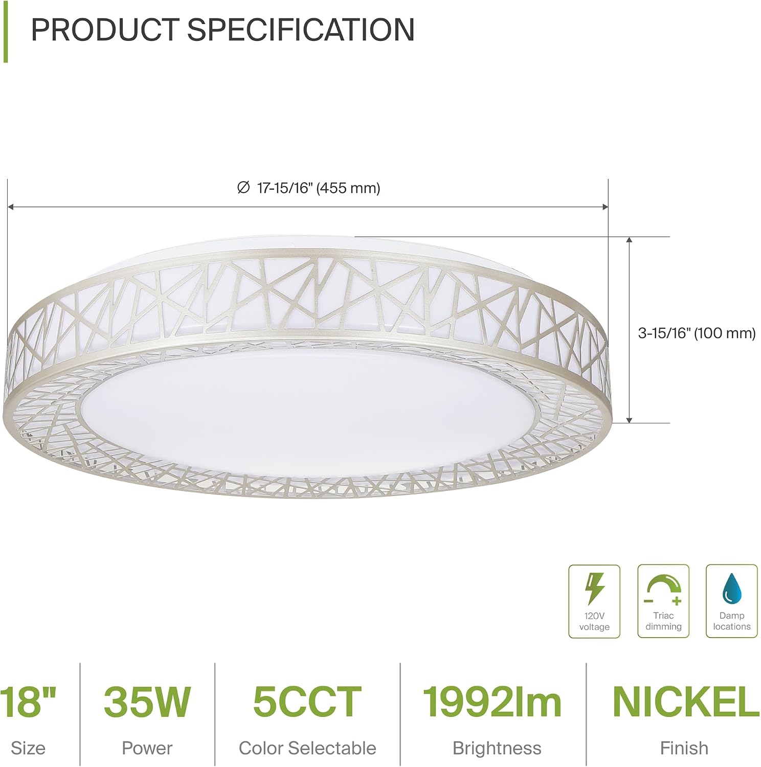 ASD 18 Inch LED Flush Mount Ceiling Light Fixture for Bedroom, 35W 1992LM 5CCT 2700K-5000K, Dimmable Lights, Dining, Living Room, Kitchen Lamps, Modern Home Lighting Fixtures, Nickel, ETL, 2 Pack
