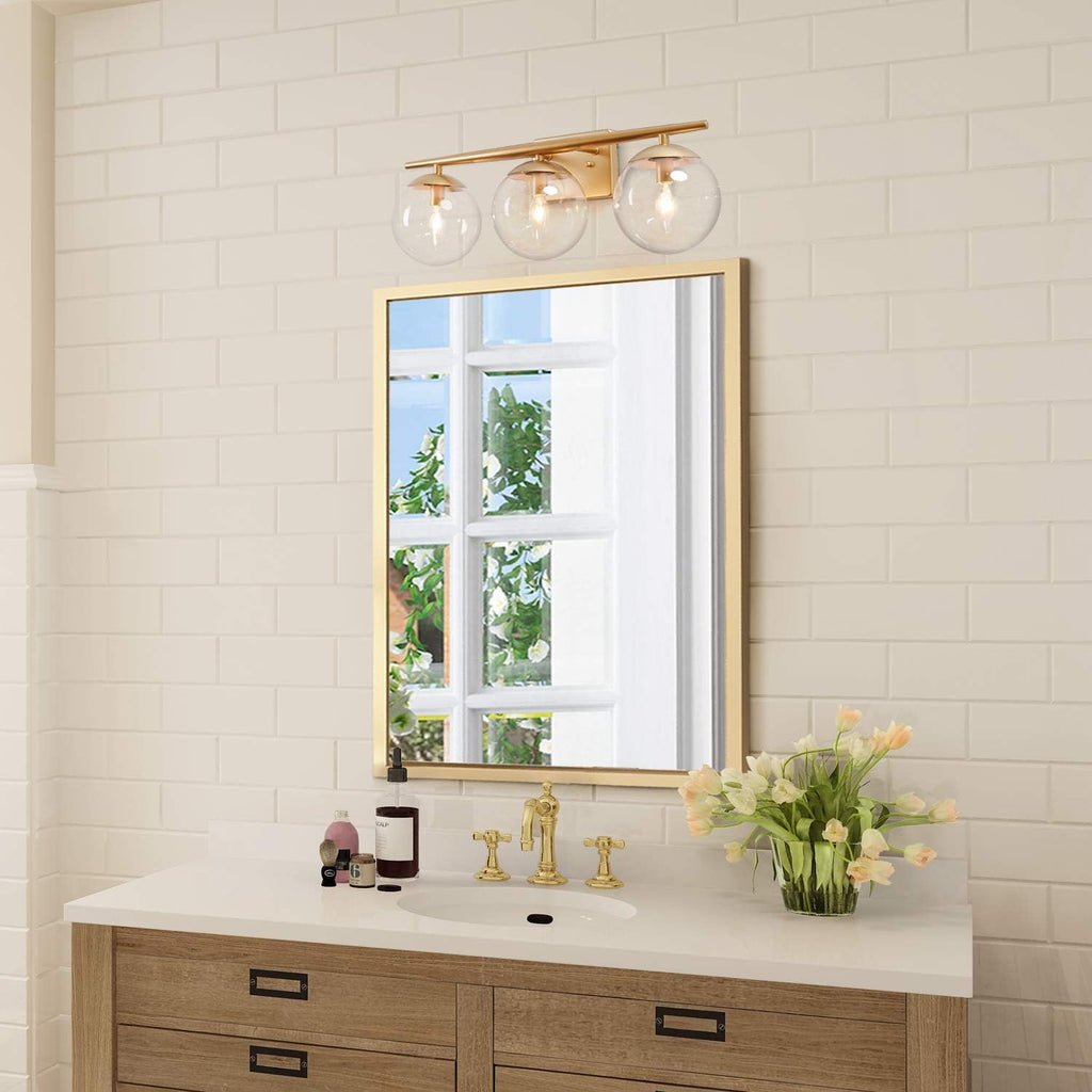 KSANA Gold Vanity Light,3 Modern Bathroom Fixture with Clear Globe Glass Shades and Taper Arm
