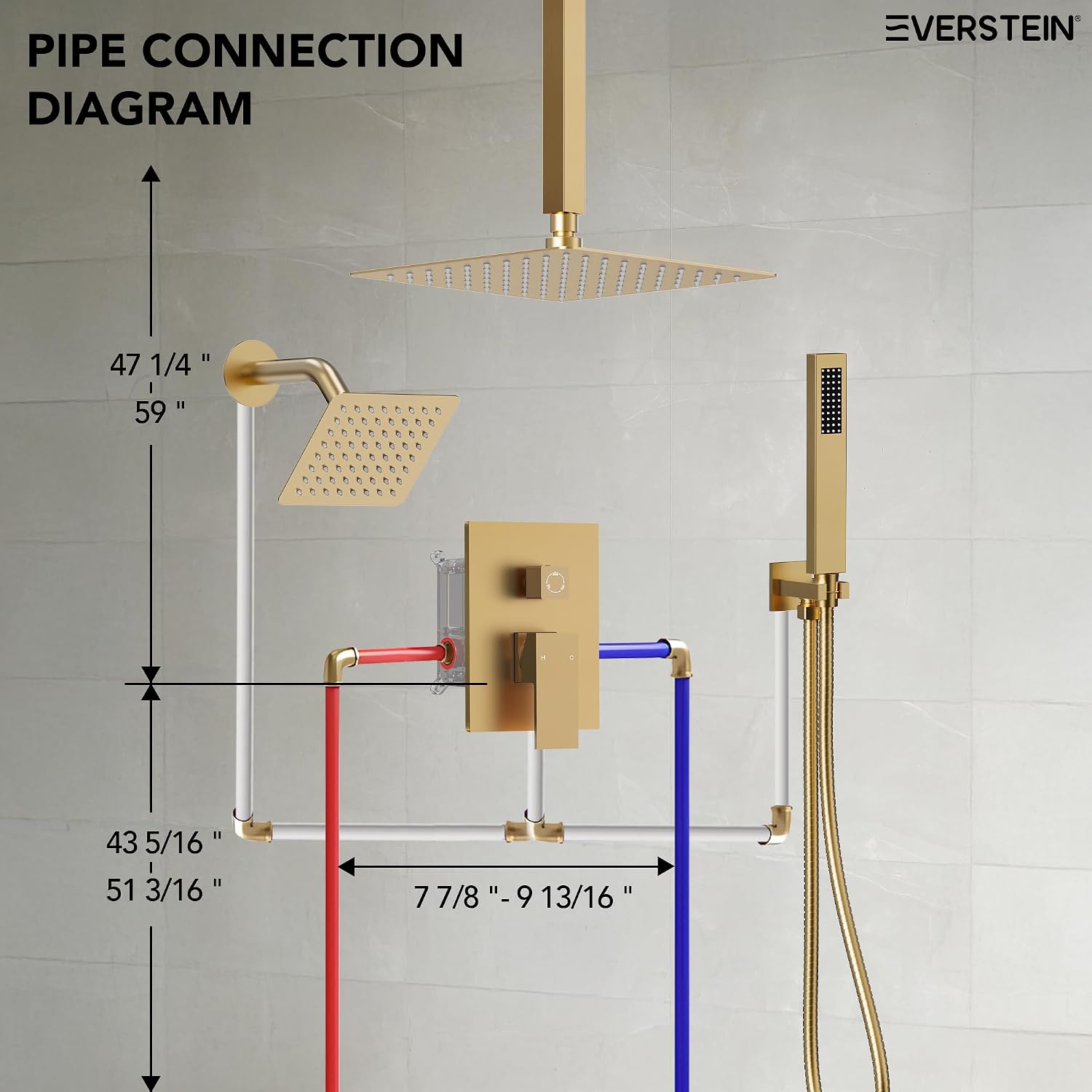 10' High-Pressure Rainfall Shower Faucet, Celling Mount Dual Shower Head System, Brushed Gold