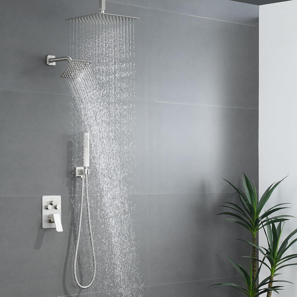 Shower Faucet Set, Brushed Nickel Shower System with Rain Shower and Handheld Bathroom Rainfall Ceiling 12 Inch Shower Set with Valve