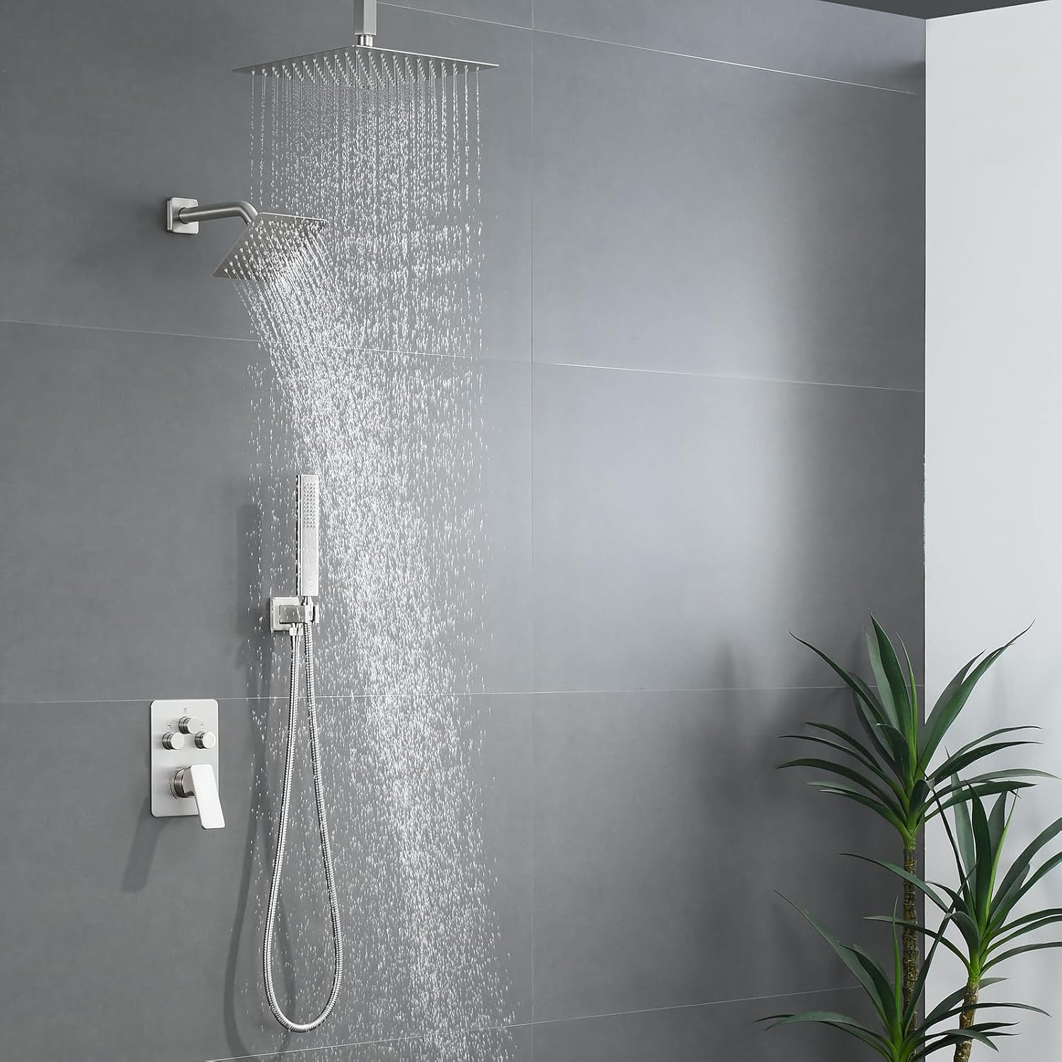 Shower Faucet Set, Brushed Nickel Shower System with Rain Shower and Handheld Bathroom Rainfall Ceiling 12 Inch Shower Set with Valve