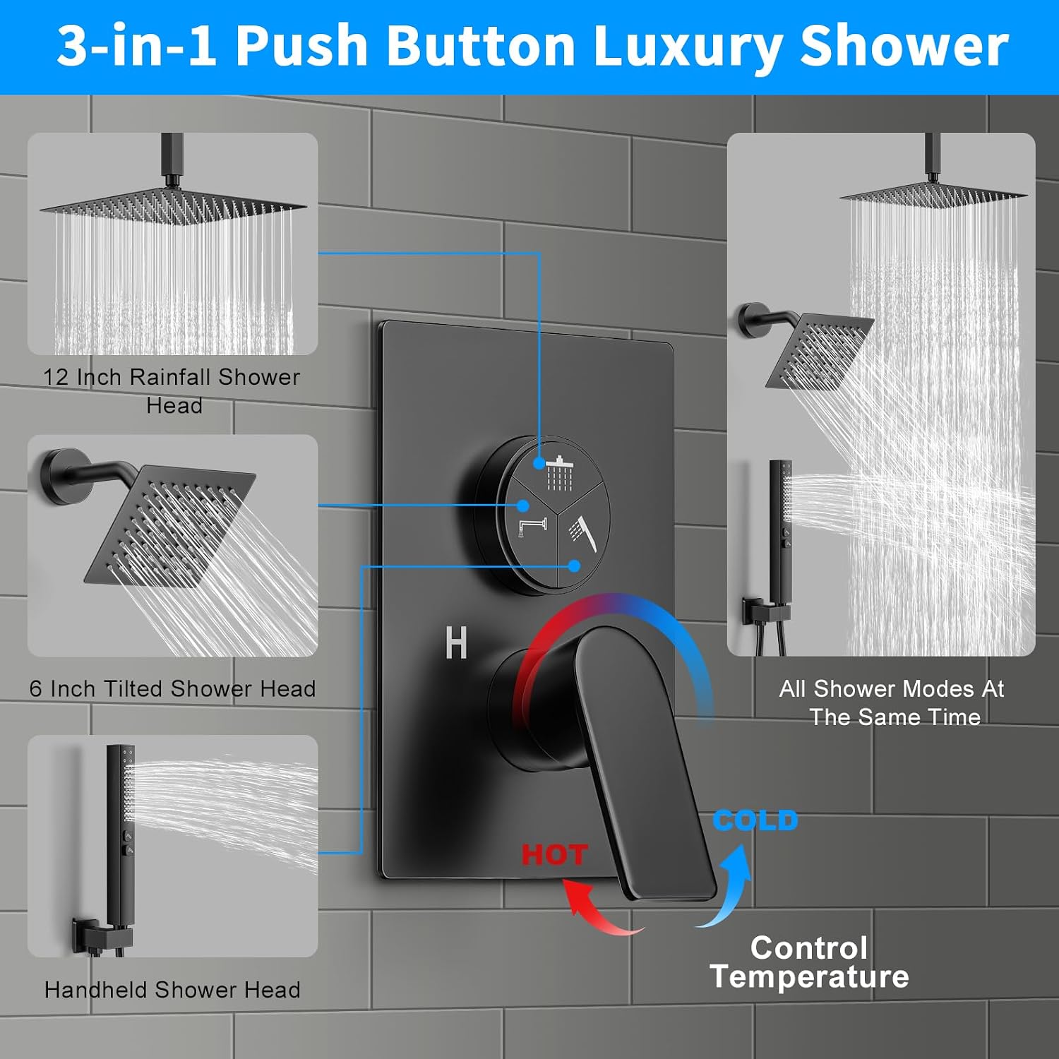 Shower Faucet Set, 3-Setting Push Button Matte Black Shower System, 12 Inch Ceiling Mounted Shower Head, 6 Inch Wall Mounted Rain Shower Head with 2 in 1 Handheld Spray, Shower Valve Trim Kit