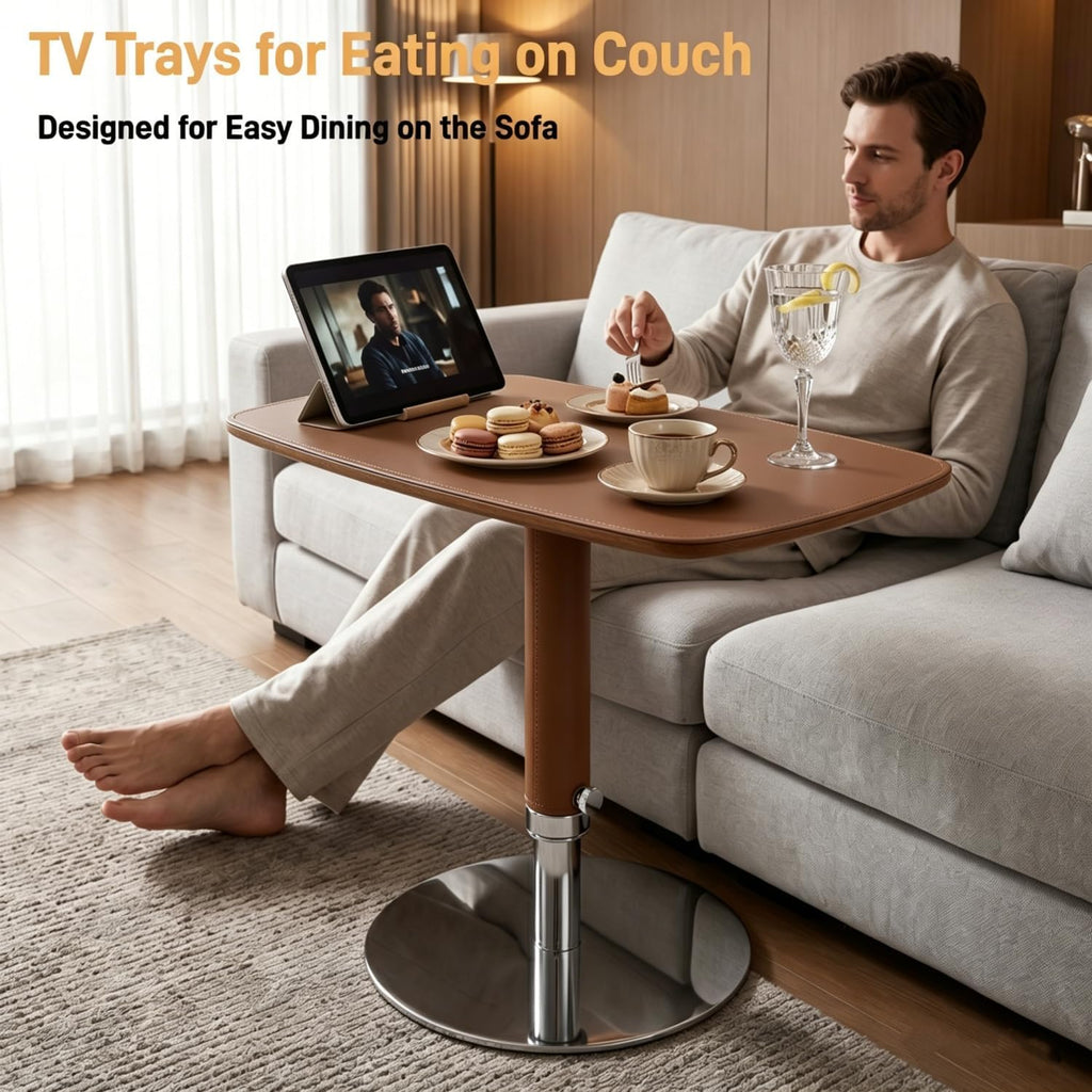 TV Trays for Eating on Couch, Adjustable Height 360° Swivel TV Tray with Saddle Faux Leather Top, Heavy Duty Snack Table for Sofa Bed Recliner, C Shaped Side Table for Laptop Dinner Small Spaces