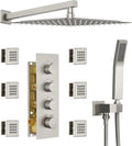 16' Thermostatic Rain Shower System with 6 Body Jets & 16-Inch Rainfall Shower Head, JetsBath Full Body Shower Faucet Sets with Valve & Handheld, Brushed Nickel Luxury Wall Mount Shower Faucet Set