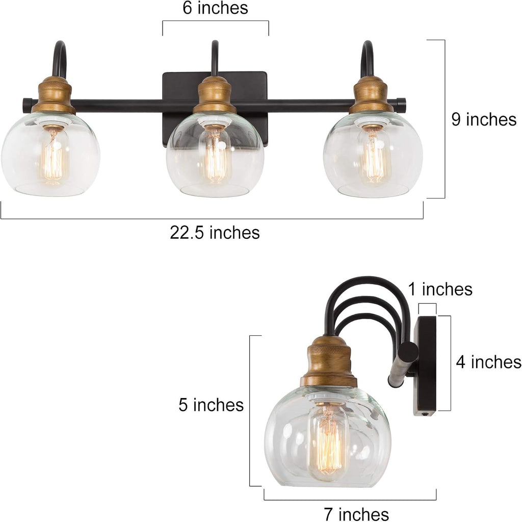 LALUZ Bathroom Light Fixtures, Vanity Lights with Oil Rubbed Bronze Finish, Antique Gold Socket, Clear Glass Shade, 22.5'' L x 7'' W x 9'' H