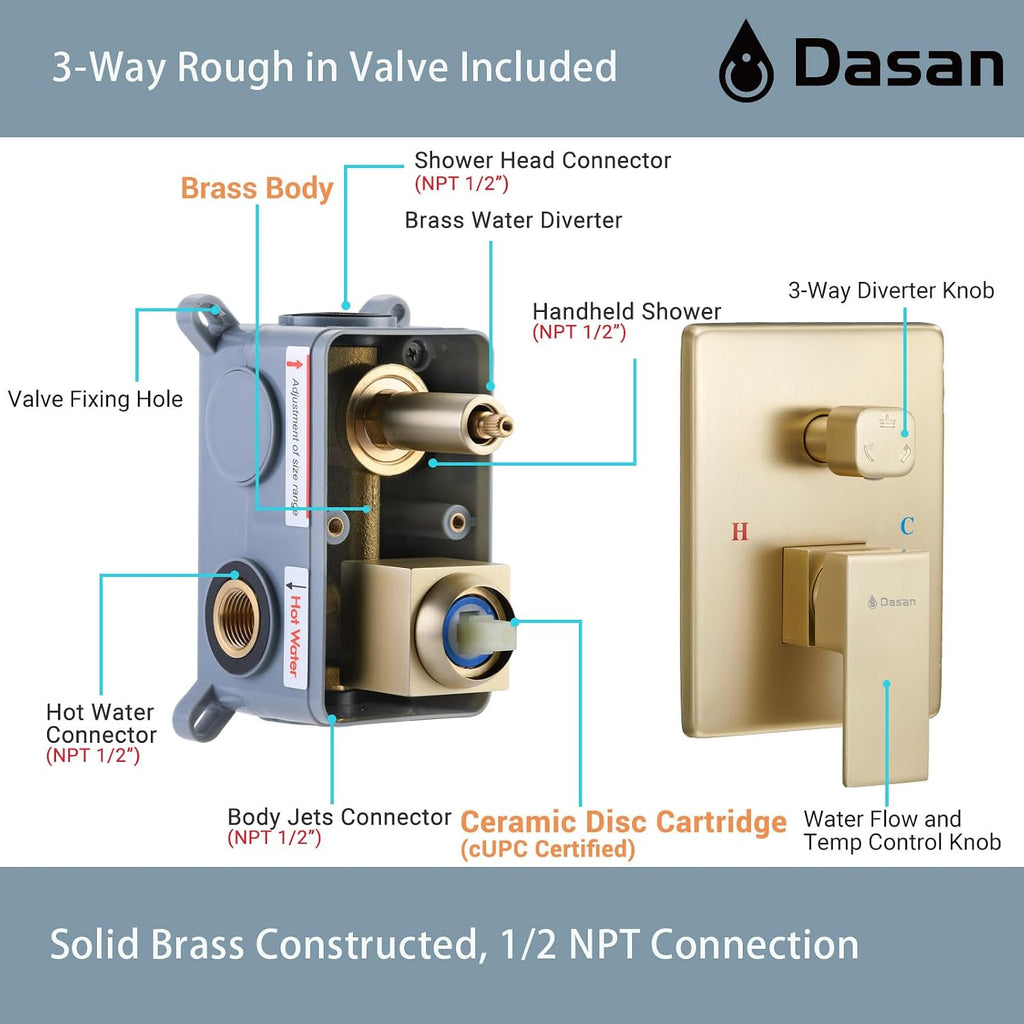 Brushed Gold Shower System with 4 PCS Shower Body Spray Jets & 12'' Ceiling Shower Head & Handheld Spray, DASAN Full Body Shower Faucet System with Jets Rainfall Shower Combo Set, SA-SS03BBG-S12C