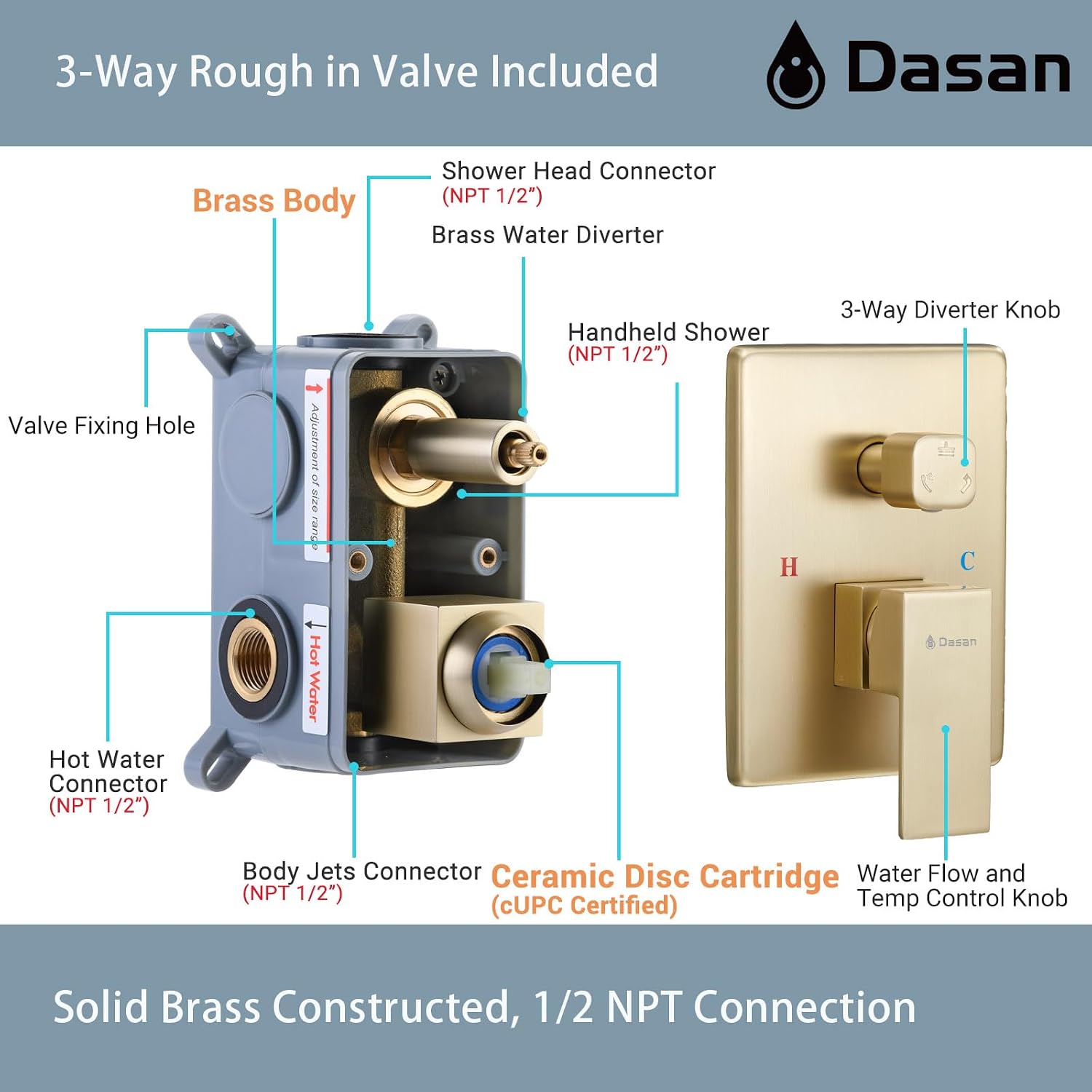 Brushed Gold Shower System with 4 PCS Shower Body Spray Jets & 12'' Ceiling Shower Head & Handheld Spray, DASAN Full Body Shower Faucet System with Jets Rainfall Shower Combo Set, SA-SS03BBG-S12C