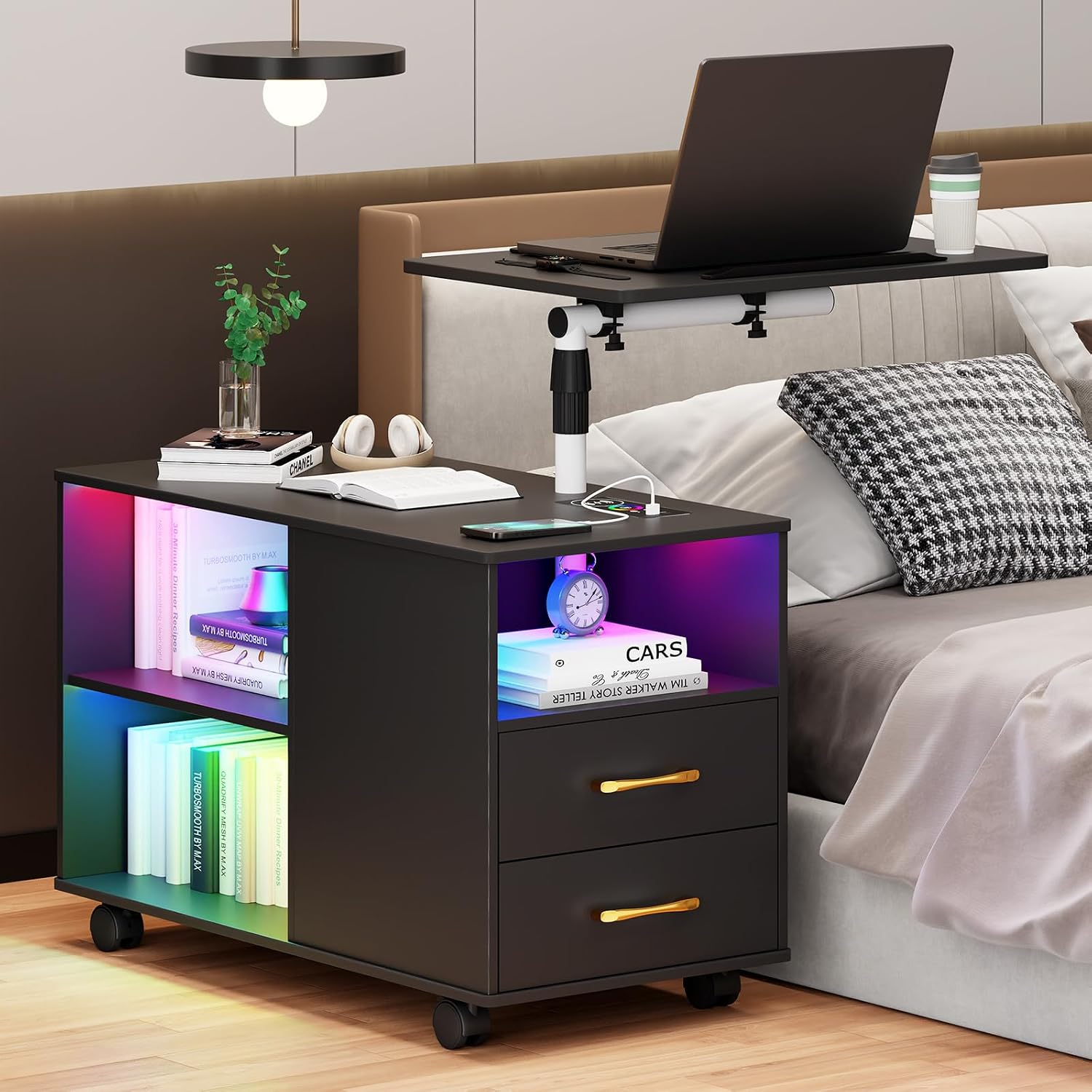 Gurexl 360° LED Nightstand with Wireless Charging Station, Movable Adjustable Bedside Table with Laptop Tray, Auto Sensor Night Stand for Bedroom (Black)