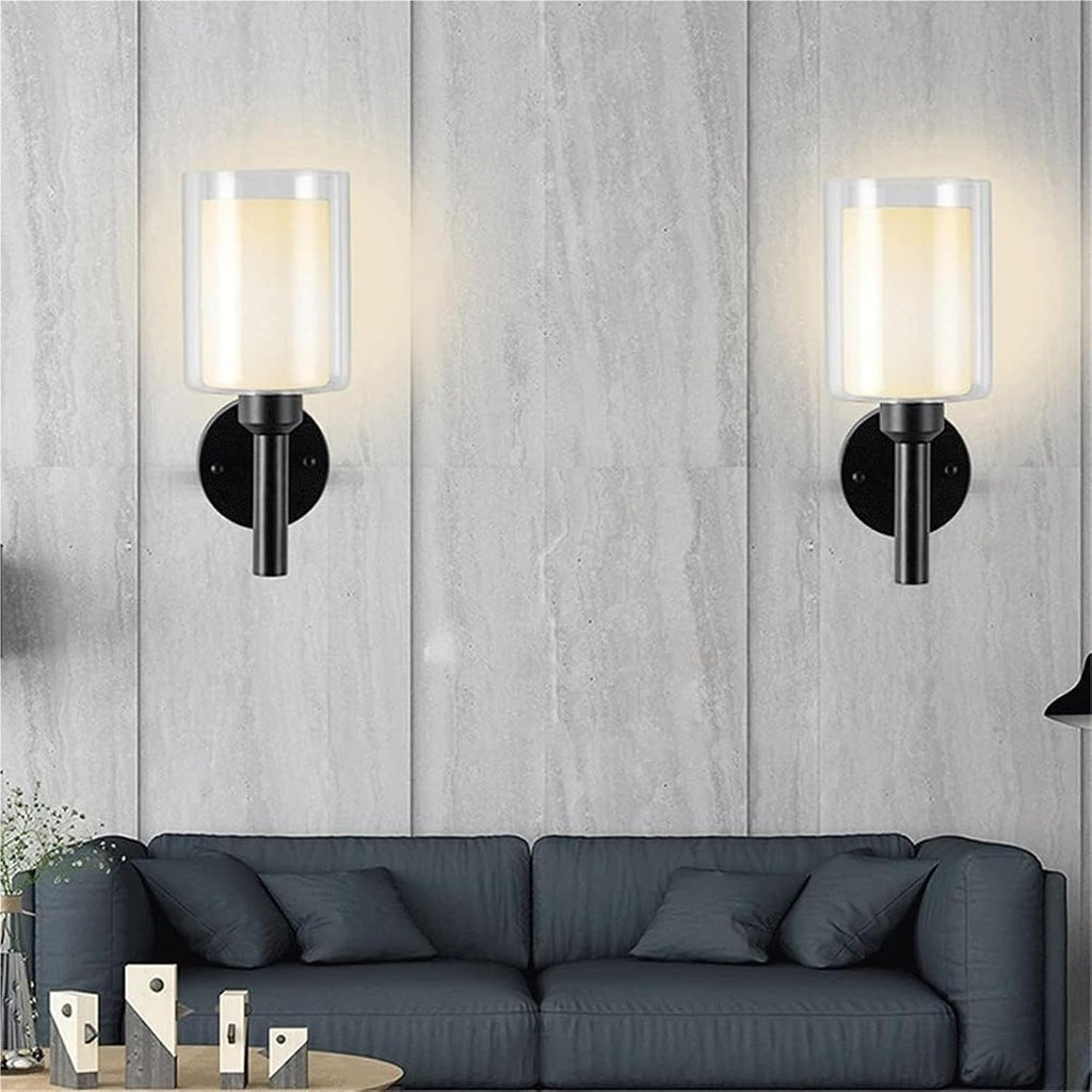 Indoor Single-Head Wall Light Simple Wrought Iron Lamp Body + Cylindrical Glass Lampshade Sconces E27 Lighting Fixture 2-Layer Lampshade Bedroom Bedside Sconce Lights(Black)